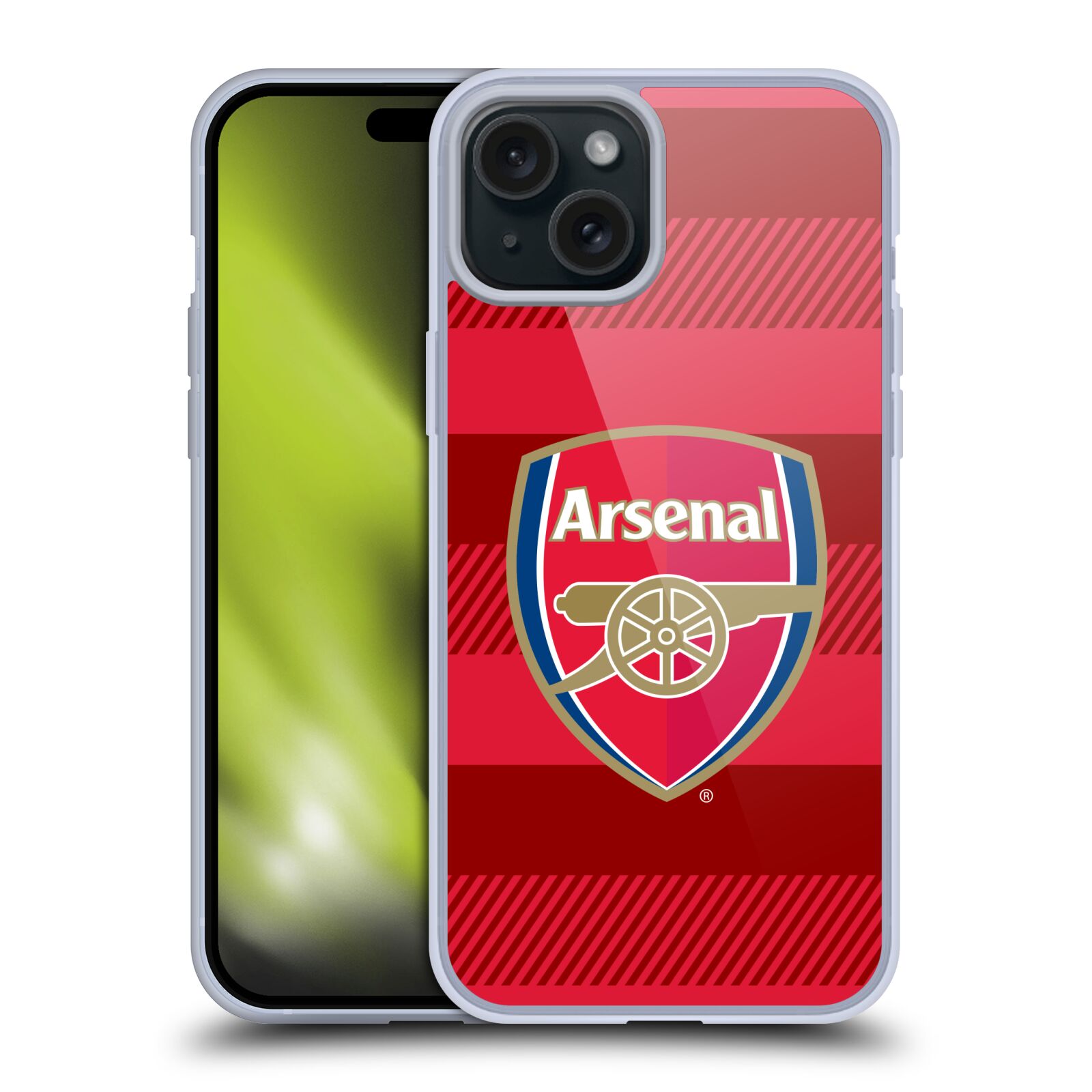 Silikonové lesklé pouzdro na mobil Apple iPhone 15 Plus - Head Case - Arsenal FC - Logo s pruhy (Silikonový lesklý kryt, obal, pouzdro na mobilní telefon s motivem klubu Arsenal FC - Logo s pruhy pro Apple iPhone 15 Plus)