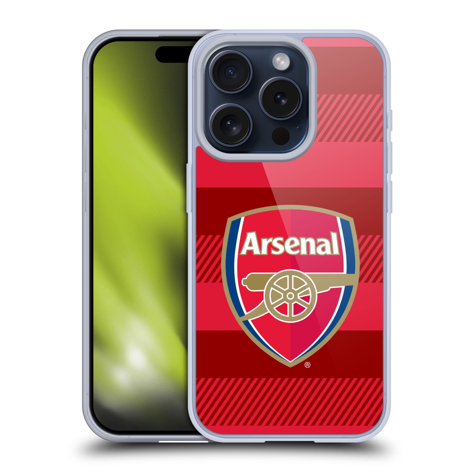 Silikonové lesklé pouzdro na mobil Apple iPhone 15 Pro - Head Case - Arsenal FC - Logo s pruhy (Silikonový lesklý kryt, obal, pouzdro na mobilní telefon s motivem klubu Arsenal FC - Logo s pruhy pro Apple iPhone 15 Pro)