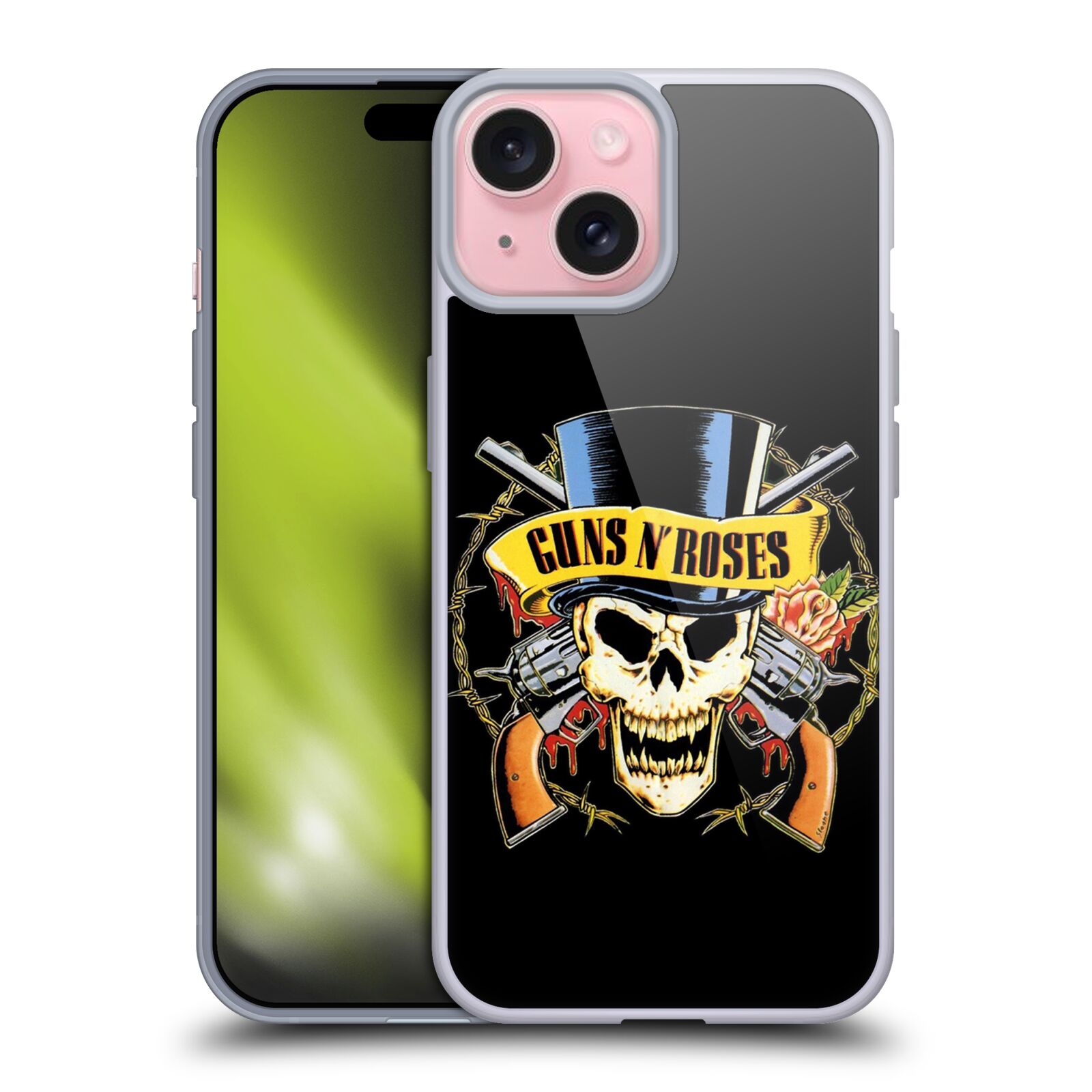 Silikonové lesklé pouzdro na mobil Apple iPhone 15 - Head Case - Guns N' Roses - Lebka (Silikonový lesklý kryt, obal, pouzdro na mobilní telefon Apple iPhone 15 s motivem Guns N' Roses - Lebka)