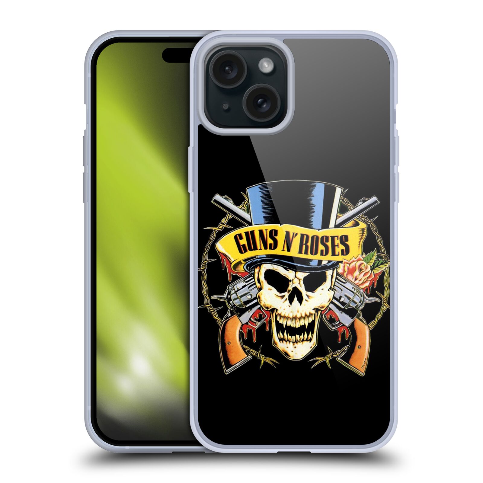 Silikonové lesklé pouzdro na mobil Apple iPhone 15 Plus - Head Case - Guns N' Roses - Lebka (Silikonový lesklý kryt, obal, pouzdro na mobilní telefon Apple iPhone 15 Plus s motivem Guns N' Roses - Lebka)