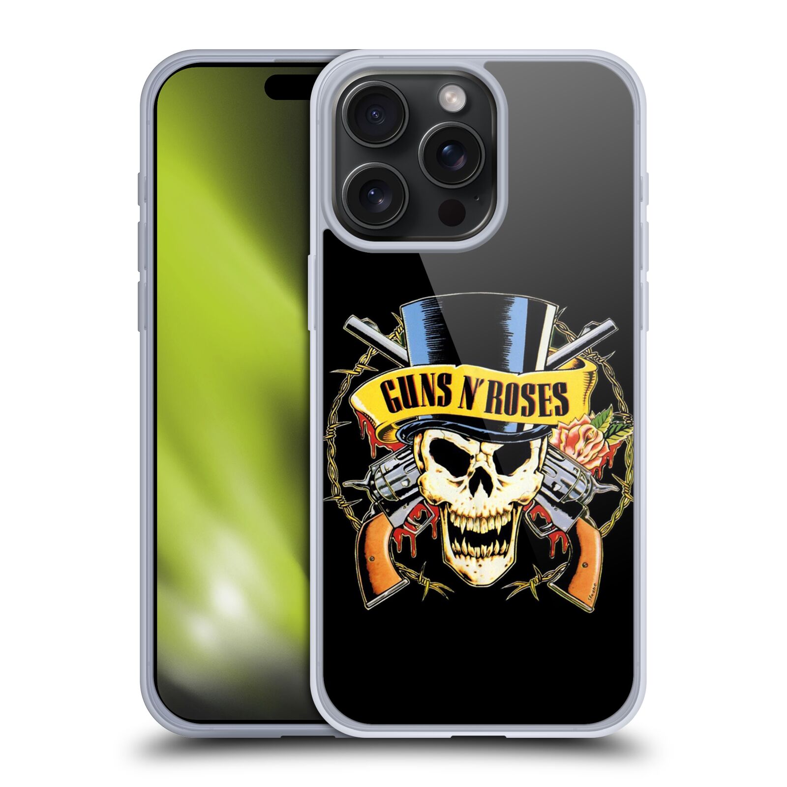 Silikonové lesklé pouzdro na mobil Apple iPhone 15 Pro Max - Head Case - Guns N' Roses - Lebka (Silikonový lesklý kryt, obal, pouzdro na mobilní telefon Apple iPhone 15 Pro Max s motivem Guns N' Roses - Lebka)