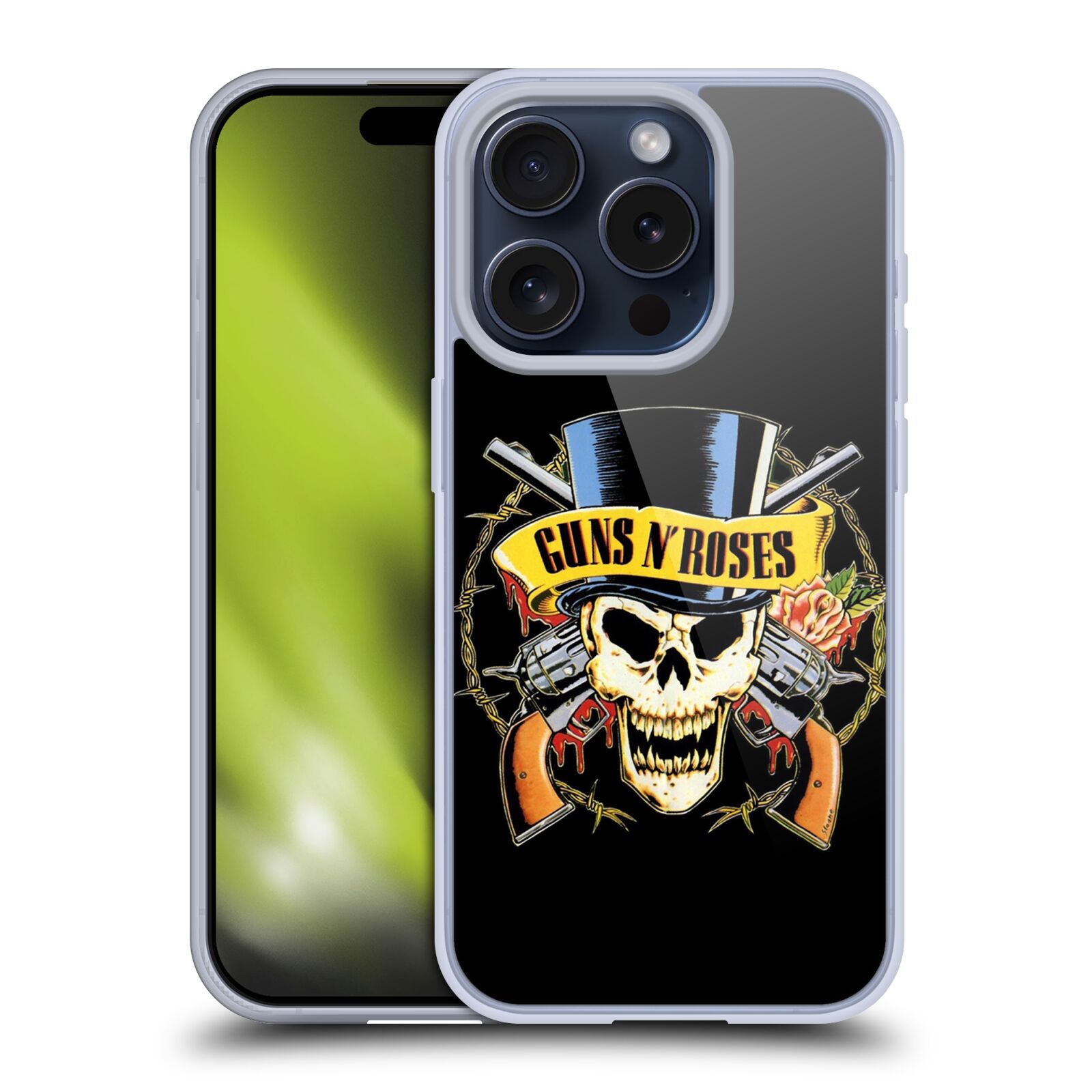 Silikonové lesklé pouzdro na mobil Apple iPhone 15 Pro - Head Case - Guns N' Roses - Lebka (Silikonový lesklý kryt, obal, pouzdro na mobilní telefon Apple iPhone 15 Pro s motivem Guns N' Roses - Lebka)