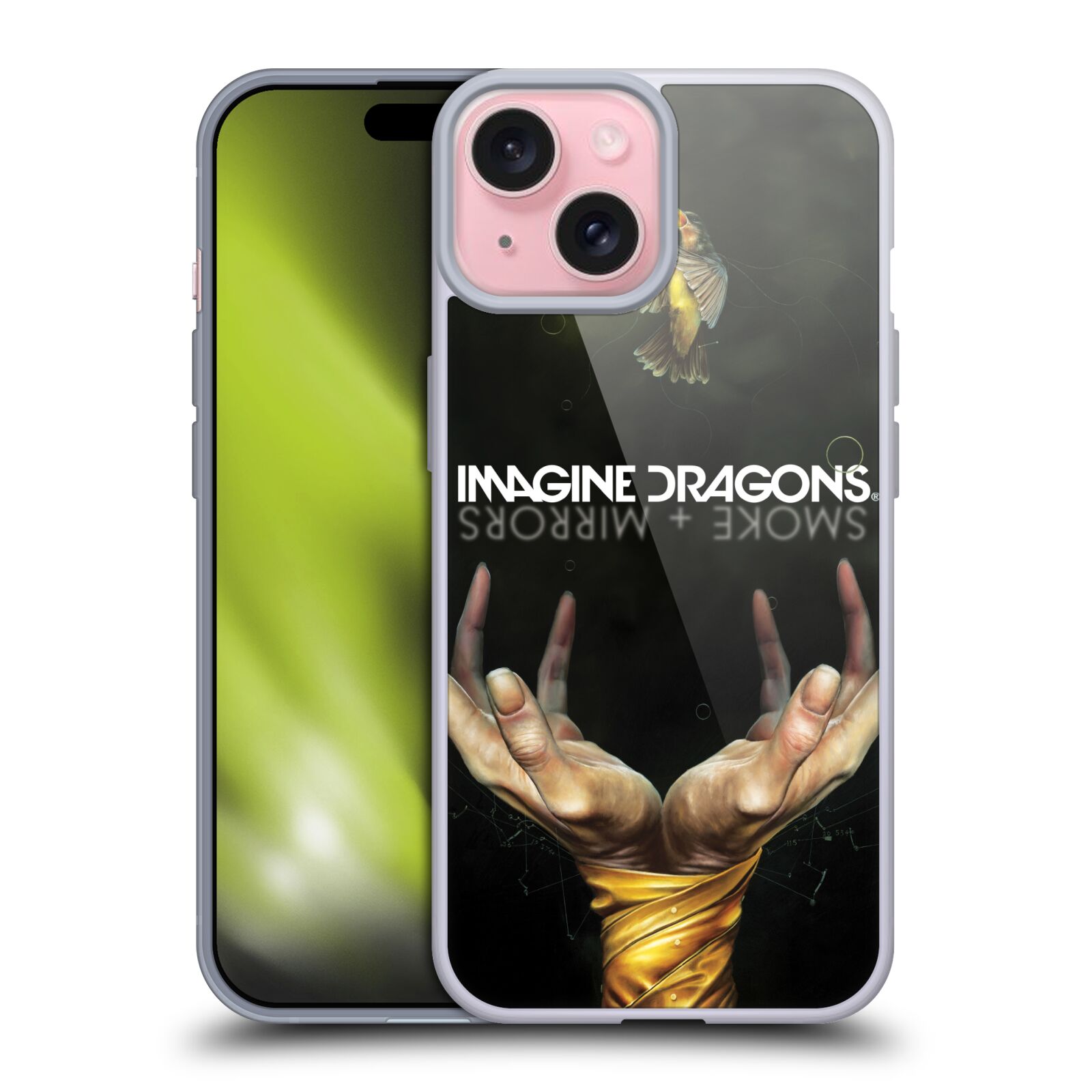 Silikonové lesklé pouzdro na mobil Apple iPhone 15 - Imagine Dragons - Smoke And Mirrors (Silikonový lesklý kryt, obal, pouzdro na mobilní telefon Apple iPhone 15 s licencovaným motivem Imagine Dragons - Smoke And Mirrors)
