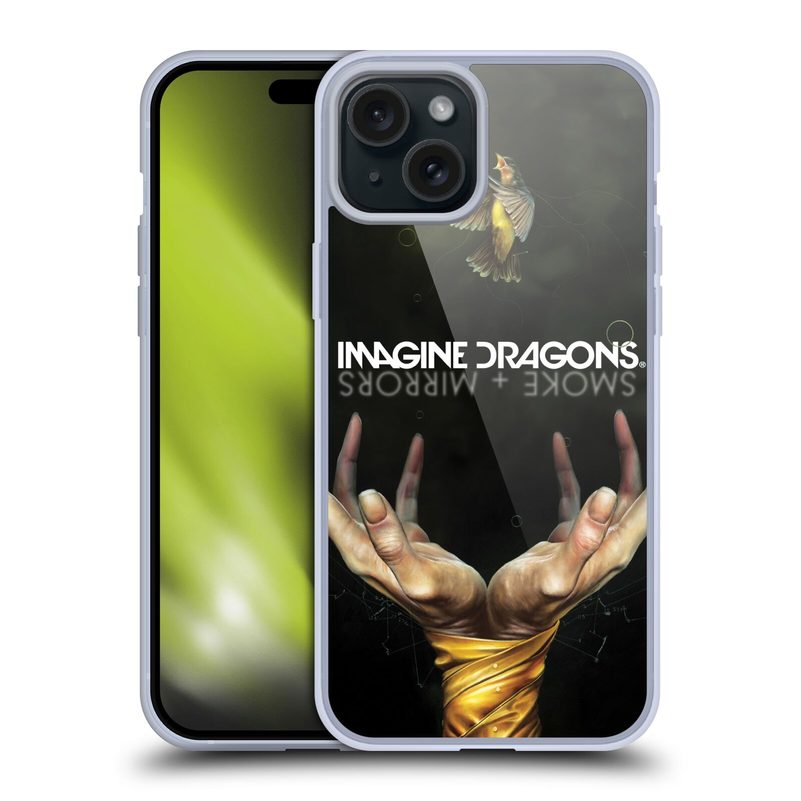 Silikonové lesklé pouzdro na mobil Apple iPhone 15 Plus - Imagine Dragons - Smoke And Mirrors (Silikonový lesklý kryt, obal, pouzdro na mobilní telefon Apple iPhone 15 Plus s licencovaným motivem Imagine Dragons - Smoke And Mirrors)