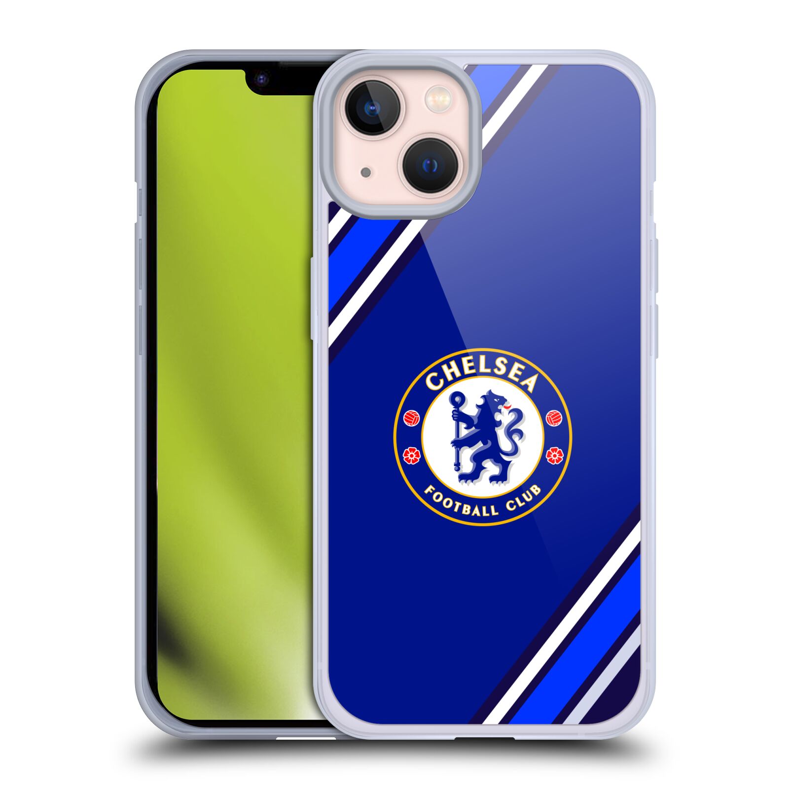 Silikonové pouzdro na mobil Apple iPhone 13 - Chelsea Football Club Crest Stripes (Silikonový kryt, obal, pouzdro na mobilní telefon Apple iPhone 13 s licencovaným motivem Chelsea Football Club Crest Stripes)