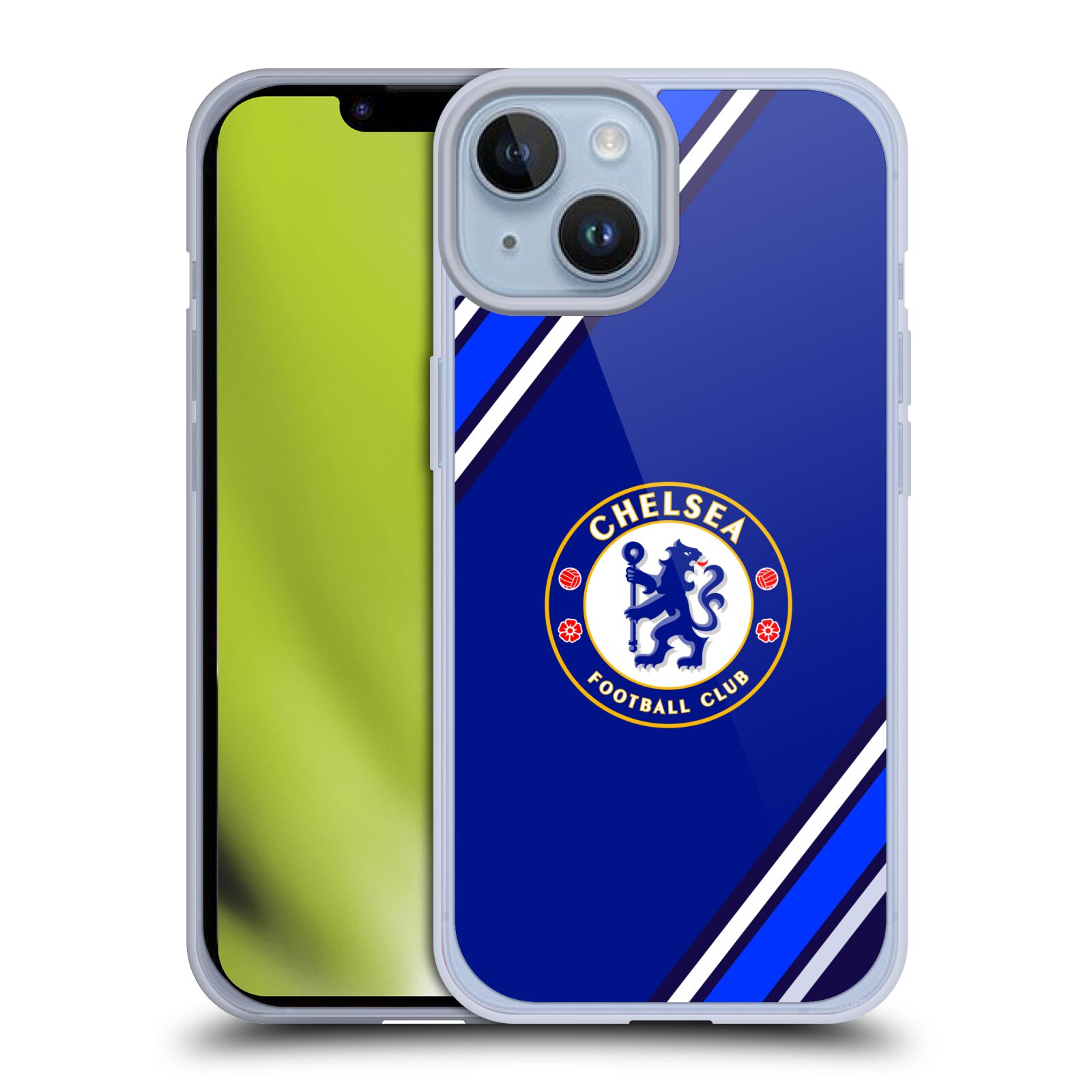 Silikonové pouzdro na mobil Apple iPhone 14 - Chelsea Football Club Crest Stripes (Silikonový kryt, obal, pouzdro na mobilní telefon Apple iPhone 14 s licencovaným motivem Chelsea Football Club Crest Stripes)