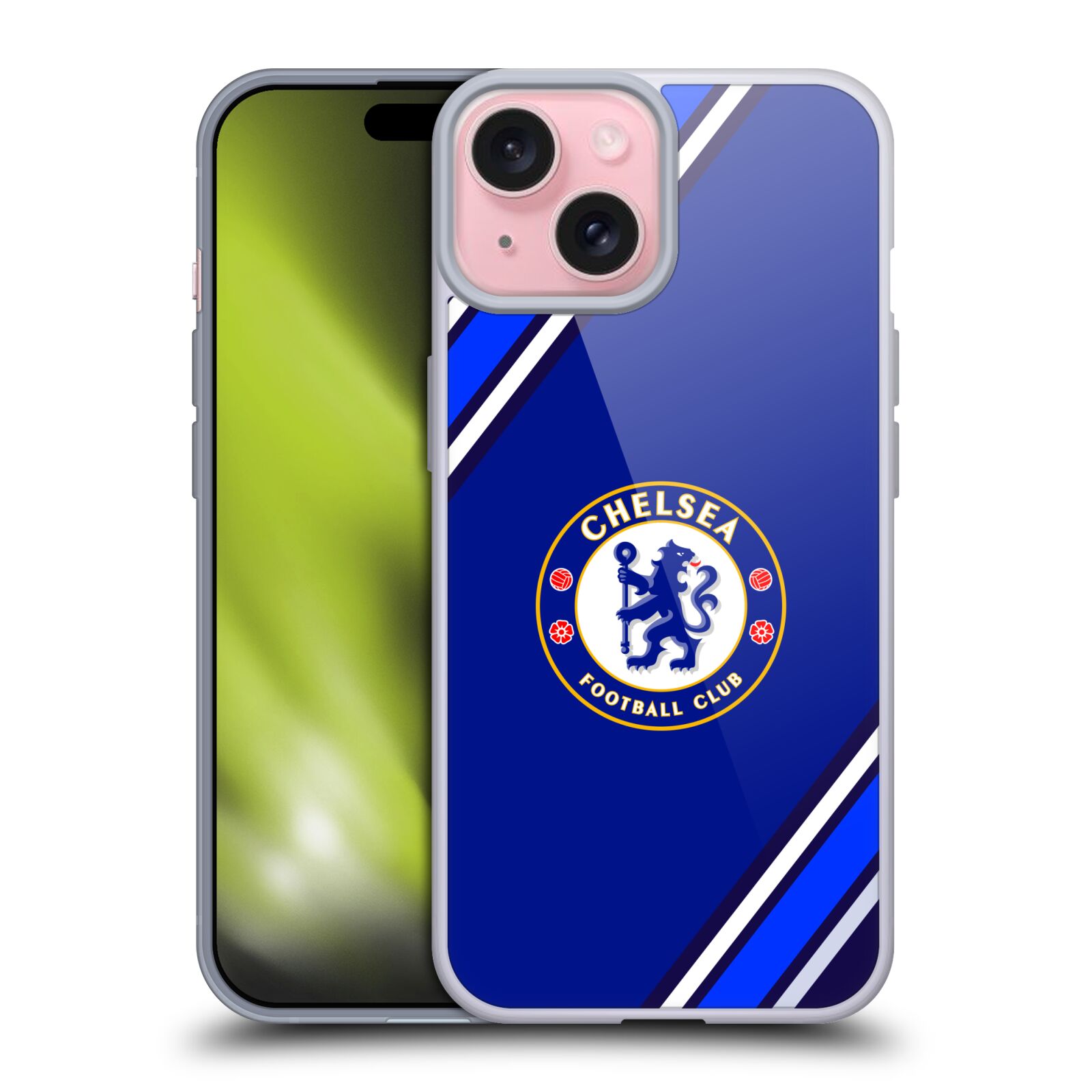 Silikonové lesklé pouzdro na mobil Apple iPhone 15 - Chelsea Football Club Crest Stripes (Silikonový lesklý kryt, obal, pouzdro na mobilní telefon Apple iPhone 15 s licencovaným motivem Chelsea Football Club Crest Stripes)