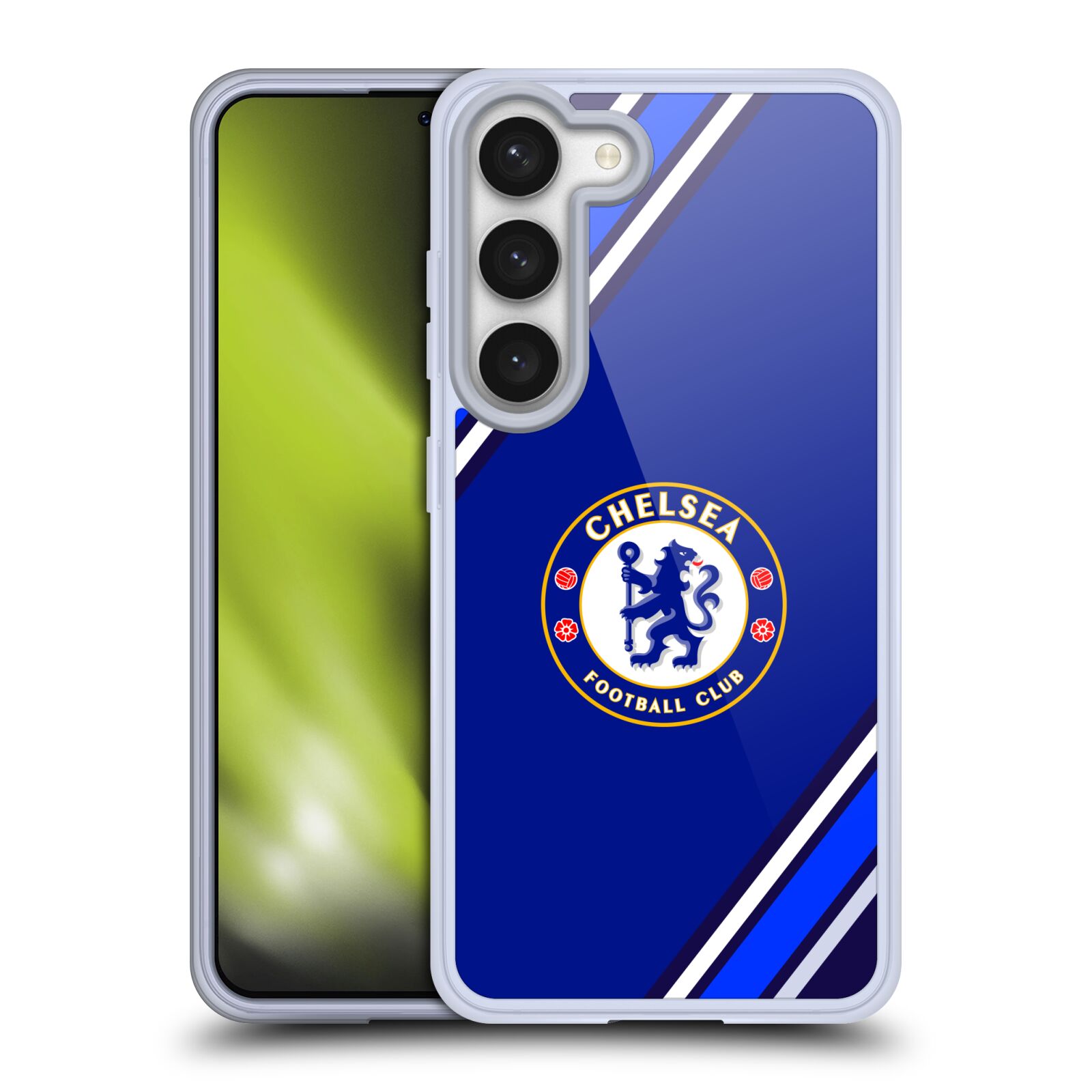 Silikonové pouzdro na mobil Samsung Galaxy S23 - Chelsea Football Club Crest Stripes (Silikonový kryt, obal, pouzdro na mobilní telefon Samsung Galaxy S23 s licencovaným motivem Chelsea Football Club Crest Stripes)