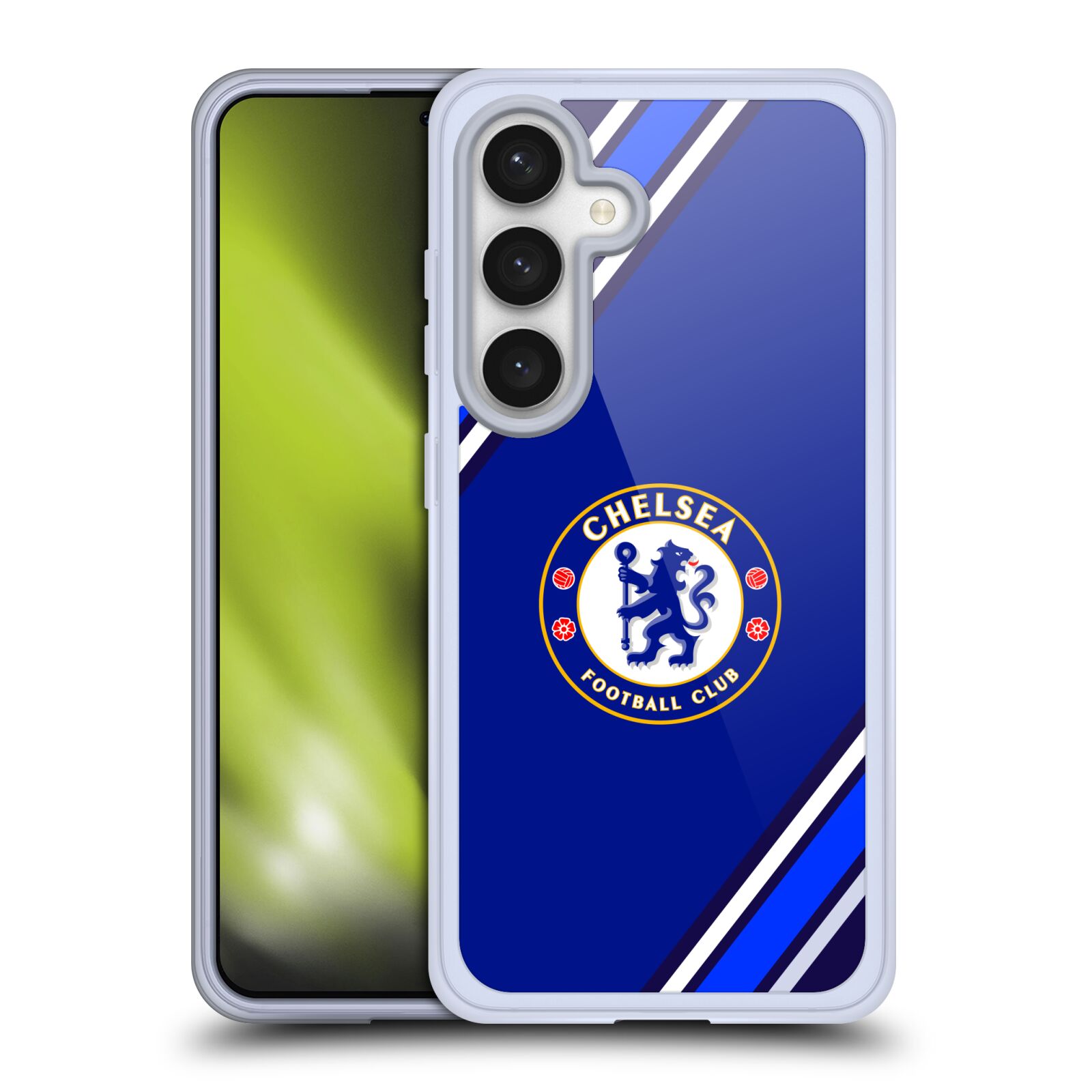 Silikonové lesklé pouzdro na mobil Samsung Galaxy S24 - Chelsea Football Club Crest Stripes (Silikonový kryt, obal, pouzdro na mobilní telefon Samsung Galaxy S24 s licencovaným motivem Chelsea Football Club Crest Stripes)