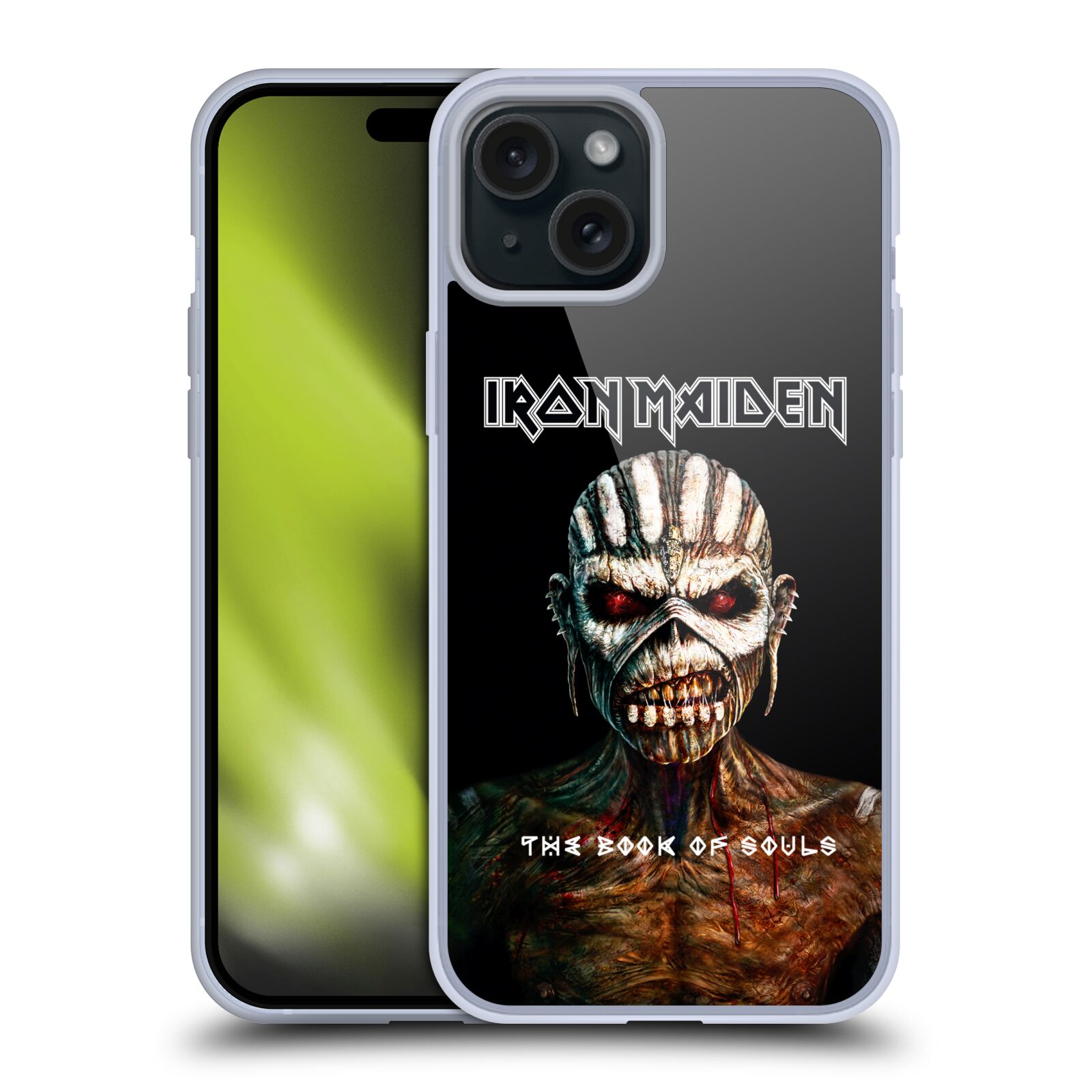Silikonové lesklé pouzdro na mobil Apple iPhone 15 Plus - Head Case - Iron Maiden - The Book Of Souls (Silikonový lesklý kryt, obal, pouzdro na mobilní telefon Apple iPhone 15 Plus s motivem Iron Maiden - The Book Of Souls)
