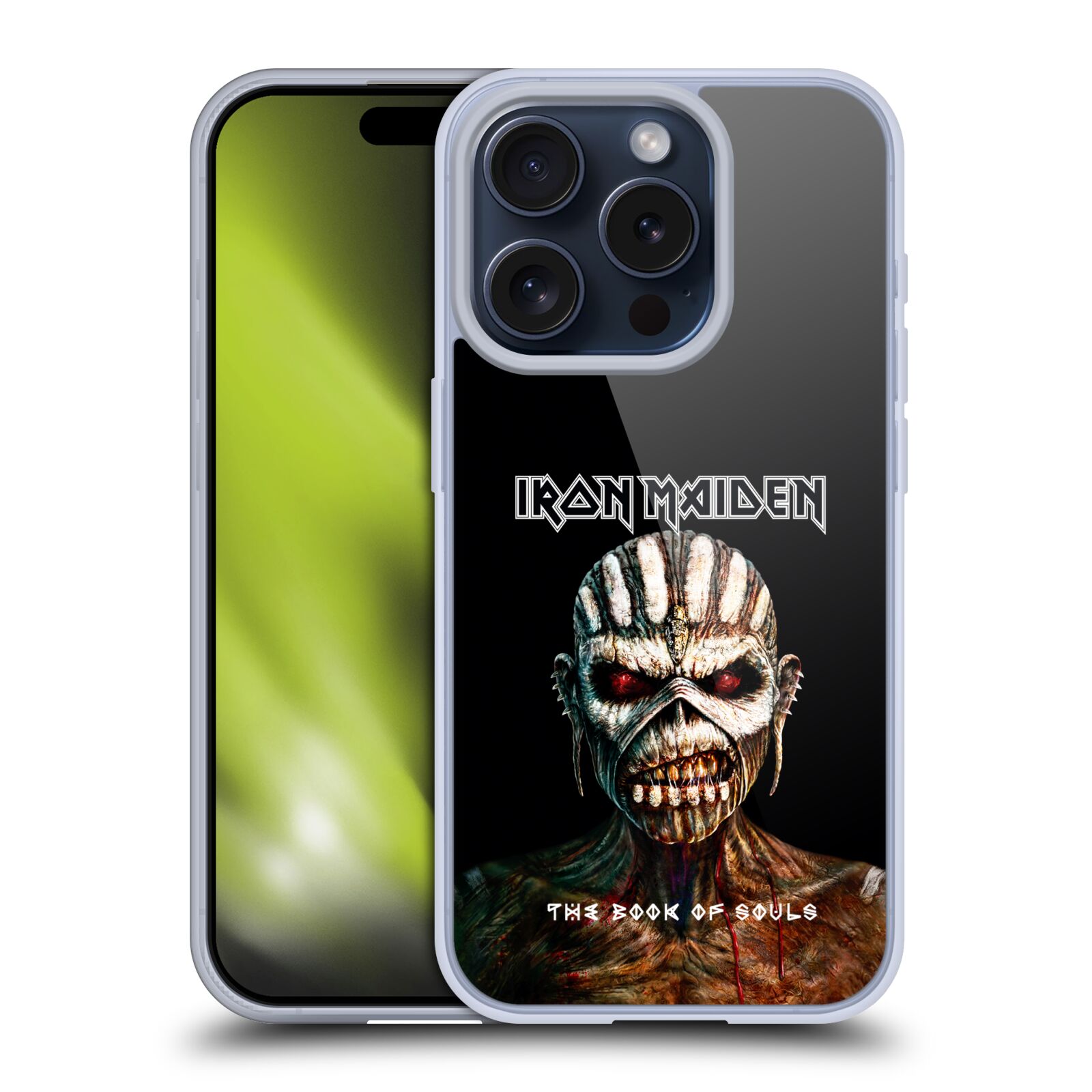 Silikonové lesklé pouzdro na mobil Apple iPhone 15 Pro - Head Case - Iron Maiden - The Book Of Souls (Silikonový lesklý kryt, obal, pouzdro na mobilní telefon Apple iPhone 15 Pro s motivem Iron Maiden - The Book Of Souls)