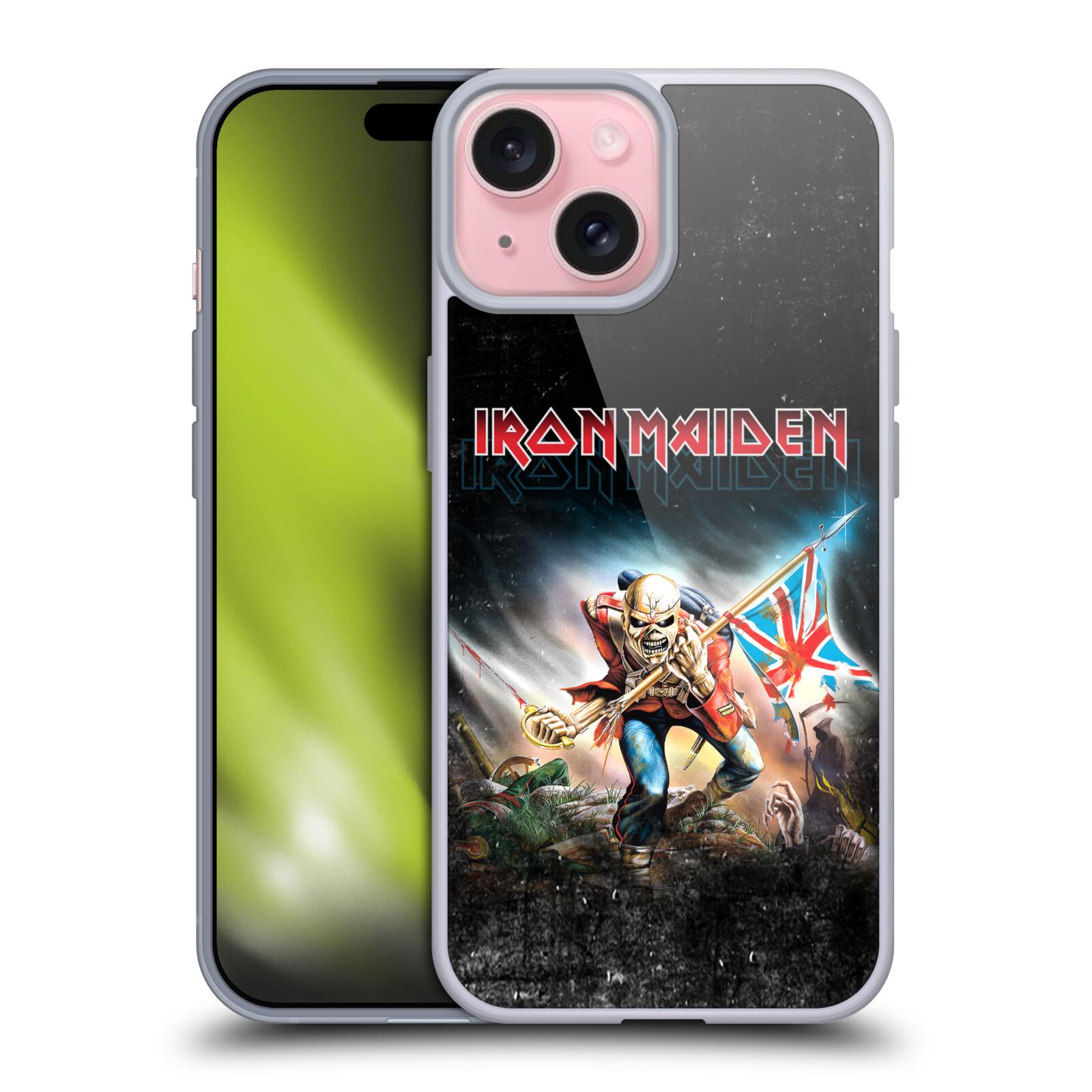 Silikonové lesklé pouzdro na mobil Apple iPhone 15 - Head Case - Iron Maiden - Trooper 2016 (Silikonový lesklý kryt, obal, pouzdro na mobilní telefon Apple iPhone 15 s motivem Iron Maiden - Trooper 2016)