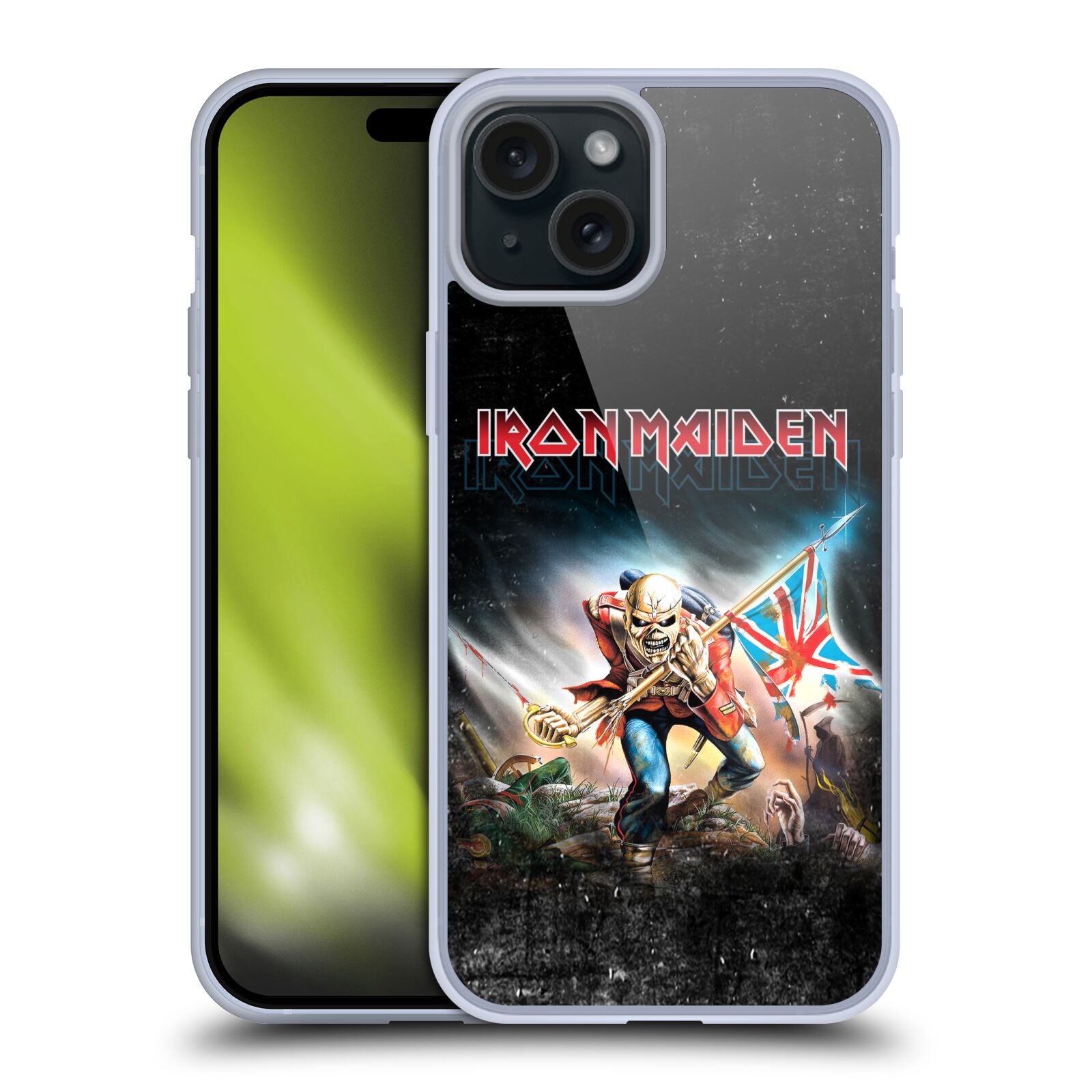 Silikonové lesklé pouzdro na mobil Apple iPhone 15 Plus - Head Case - Iron Maiden - Trooper 2016 (Silikonový lesklý kryt, obal, pouzdro na mobilní telefon Apple iPhone 15 Plus s motivem Iron Maiden - Trooper 2016)