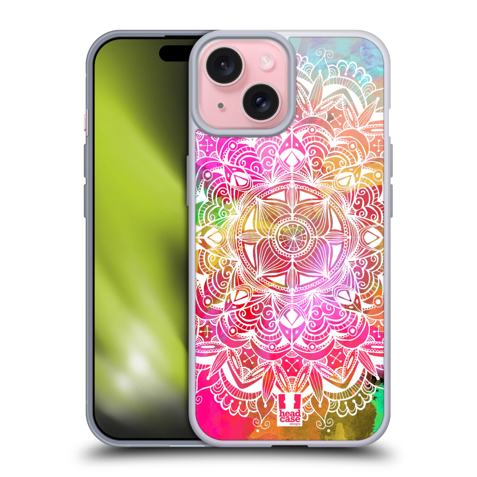 Silikonové lesklé pouzdro na mobil Apple iPhone 15 - Head Case - Mandala Doodle Watercolour (Silikonový lesklý kryt, obal, pouzdro na mobilní telefon Apple iPhone 15 s motivem Mandala Doodle Watercolour)