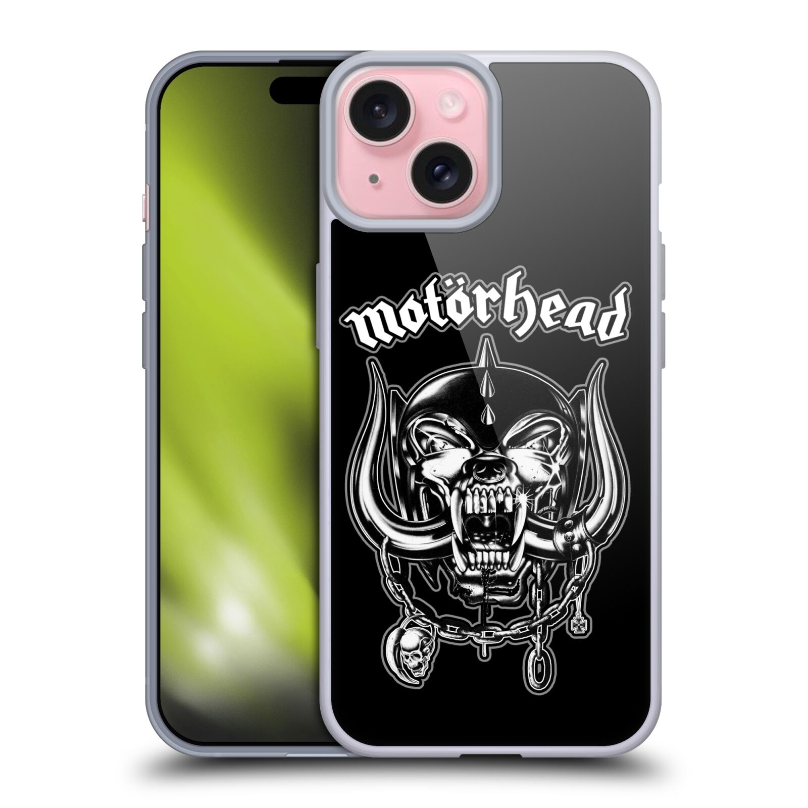 Silikonové lesklé pouzdro na mobil Apple iPhone 15 - Motörhead - Silver War Pig (Silikonový lesklý kryt, obal, pouzdro na mobilní telefon Apple iPhone 15 s licencovaným motivem Motörhead - Silver War Pig)