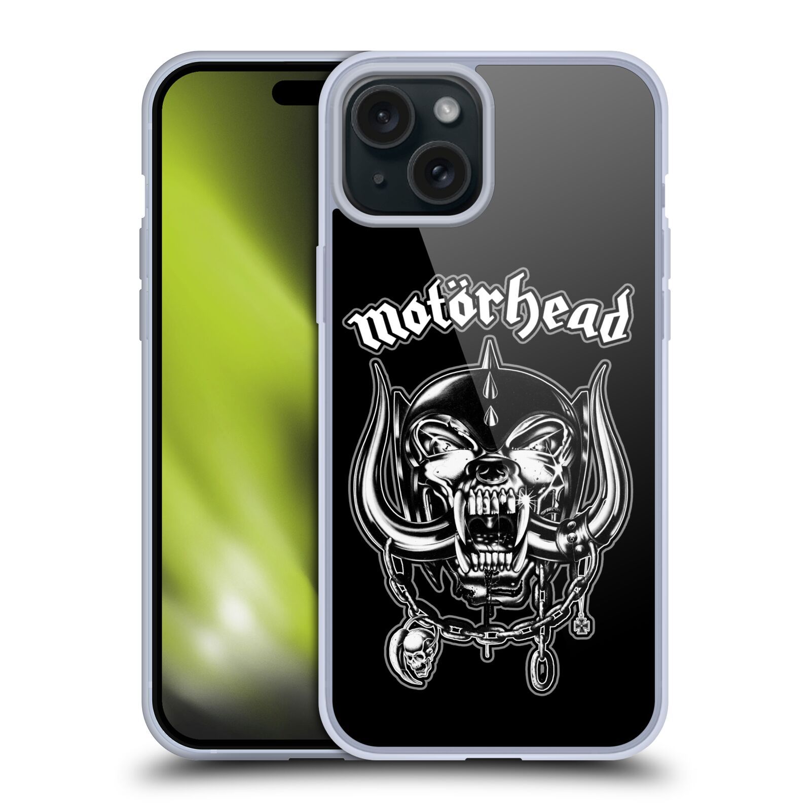 Silikonové lesklé pouzdro na mobil Apple iPhone 15 Plus - Motörhead - Silver War Pig (Silikonový lesklý kryt, obal, pouzdro na mobilní telefon Apple iPhone 15 Plus s licencovaným motivem Motörhead - Silver War Pig)