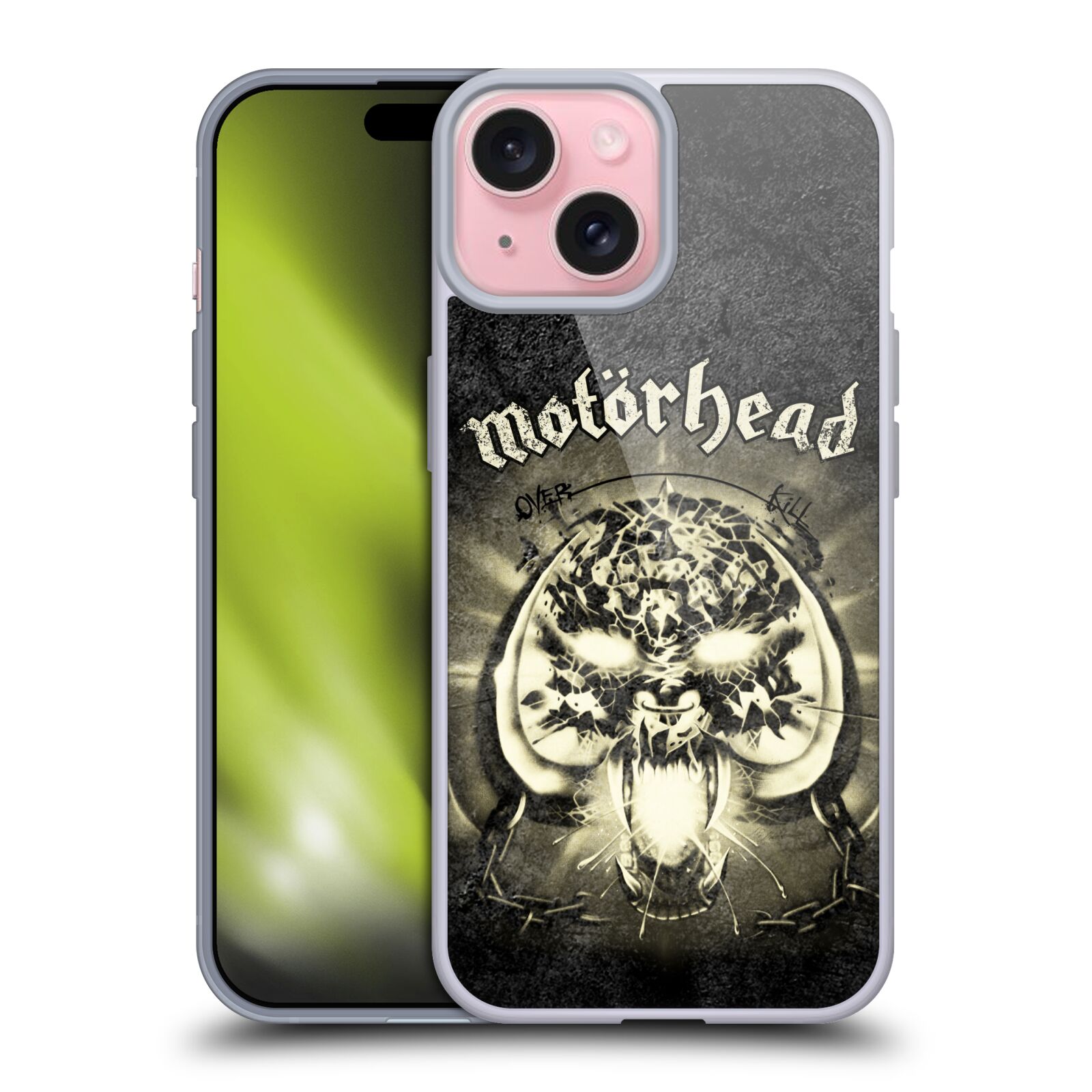 Silikonové lesklé pouzdro na mobil Apple iPhone 15 - Motörhead - Overkill (Silikonový lesklý kryt, obal, pouzdro na mobilní telefon Apple iPhone 15 s licencovaným motivem Motörhead - Overkill)