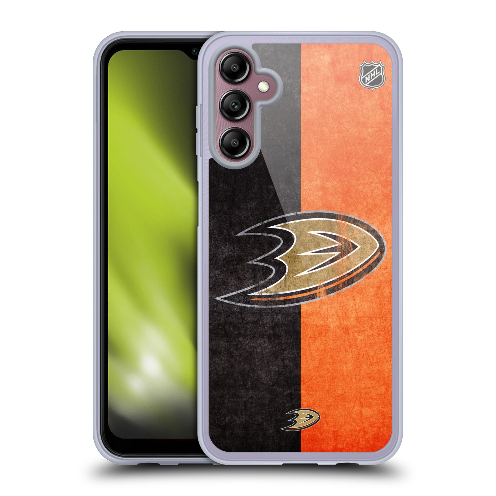 Silikonové pouzdro na mobil Samsung Galaxy A14 5G / LTE - NHL - Půlené logo Anaheim Ducks (Silikonový kryt, obal, pouzdro na mobilní telefon Samsung Galaxy A14 5G / LTE s licencovaným motivem NHL - Půlené logo Anaheim Ducks)