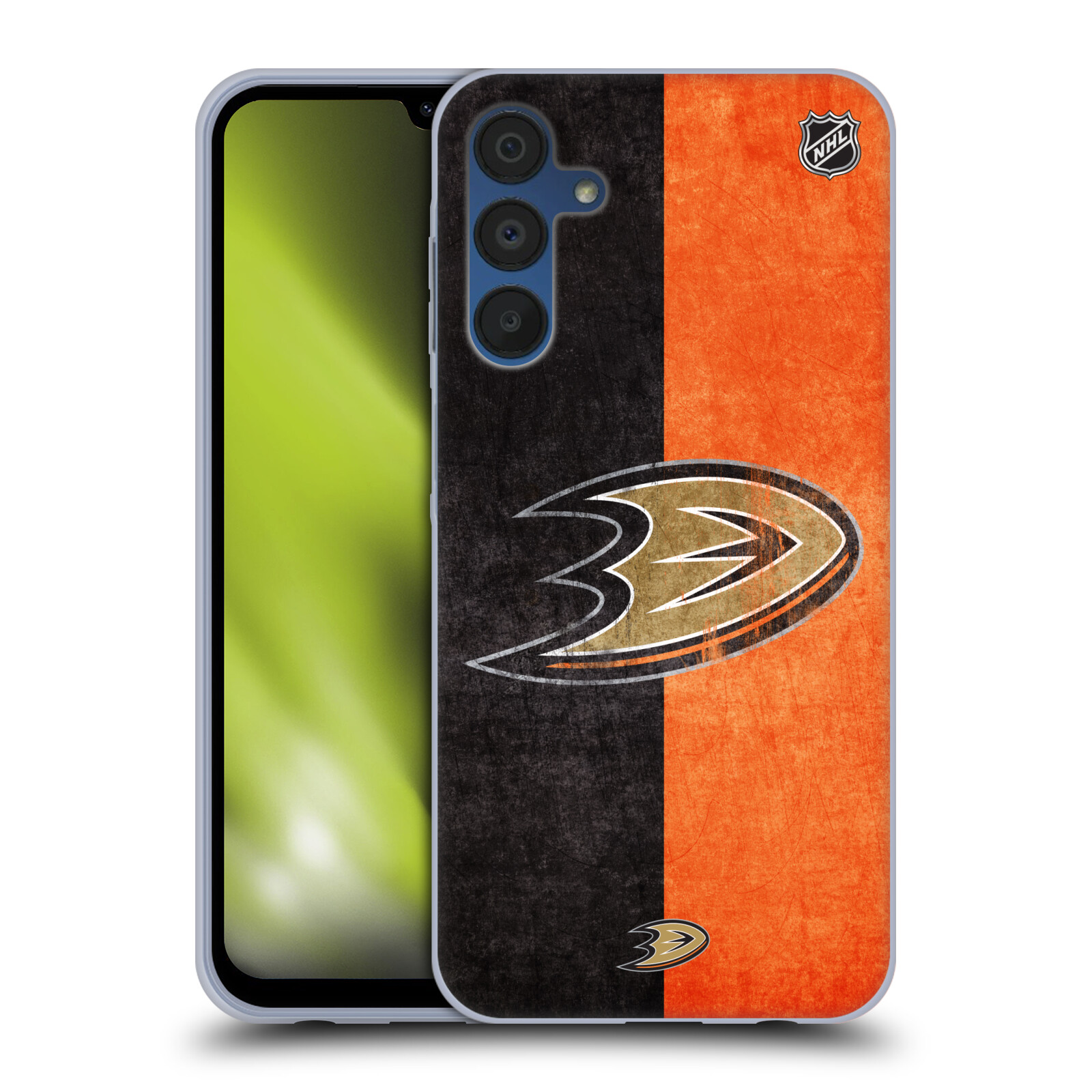 Silikonové pouzdro na mobil Samsung Galaxy A15 / A15 5G - NHL - Půlené logo Anaheim Ducks (Silikonový kryt, obal, pouzdro na mobilní telefon Samsung Galaxy A15 / A15 5G s licencovaným motivem NHL - Půlené logo Anaheim Ducks)