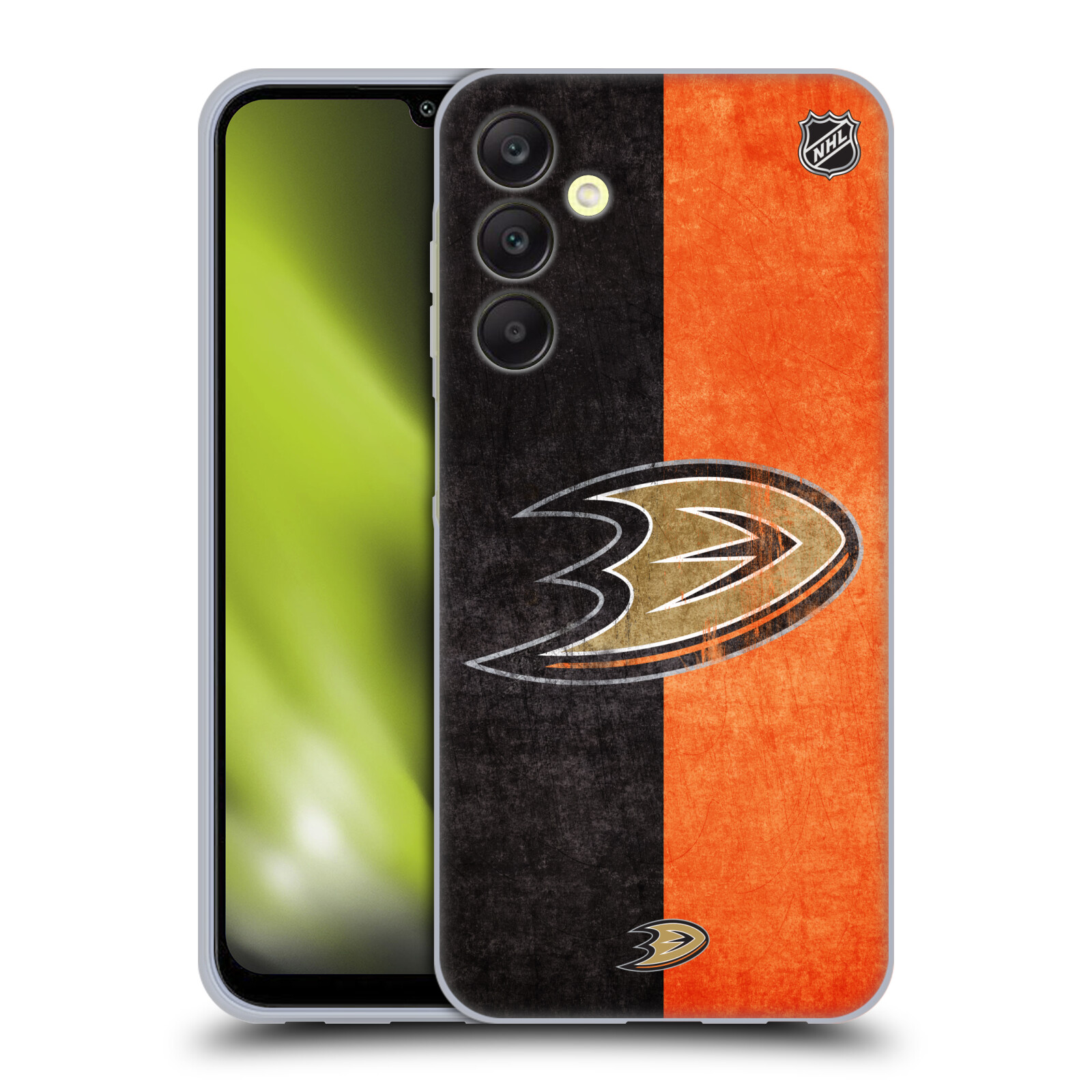 Silikonové pouzdro na mobil Samsung Galaxy A25 5G - NHL - Půlené logo Anaheim Ducks (Silikonový kryt, obal, pouzdro na mobilní telefon Samsung Galaxy A25 5G s licencovaným motivem NHL - Půlené logo Anaheim Ducks)