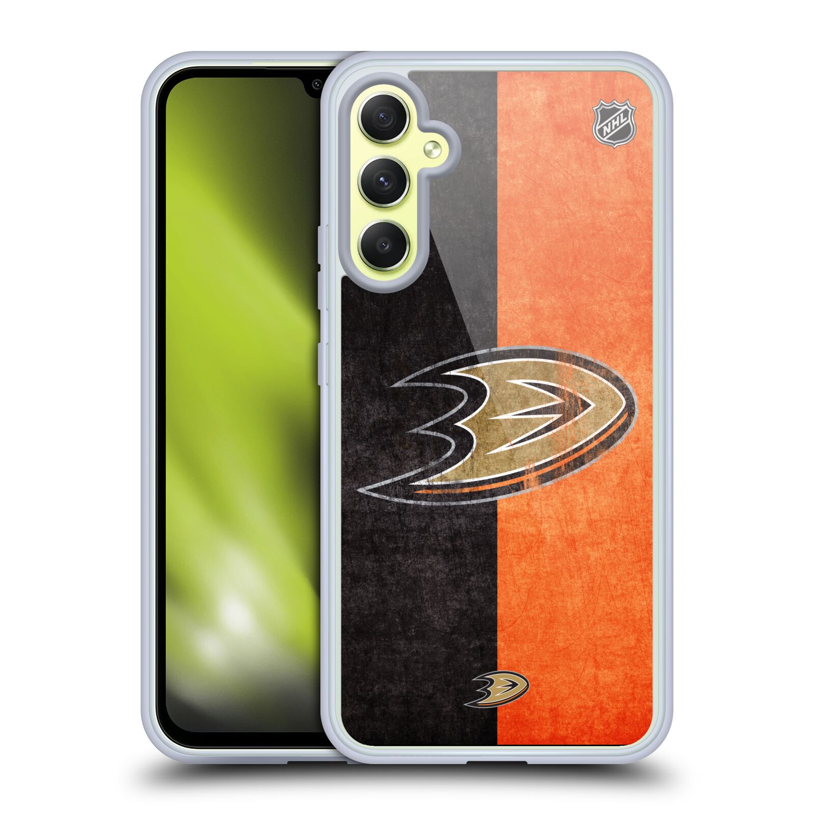 Silikonové pouzdro na mobil Samsung Galaxy A34 5G - NHL - Půlené logo Anaheim Ducks (Silikonový kryt, obal, pouzdro na mobilní telefon Samsung Galaxy A34 5G s licencovaným motivem NHL - Půlené logo Anaheim Ducks)