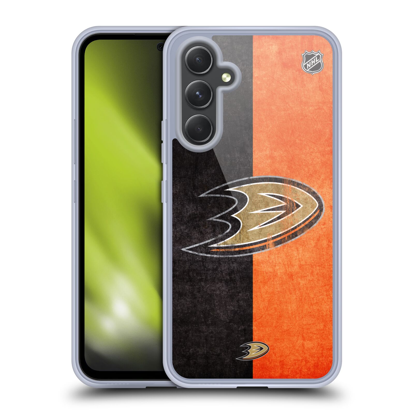 Silikonové pouzdro na mobil Samsung Galaxy A54 5G - NHL - Půlené logo Anaheim Ducks (Silikonový kryt, obal, pouzdro na mobilní telefon Samsung Galaxy A54 5G s licencovaným motivem NHL - Půlené logo Anaheim Ducks)