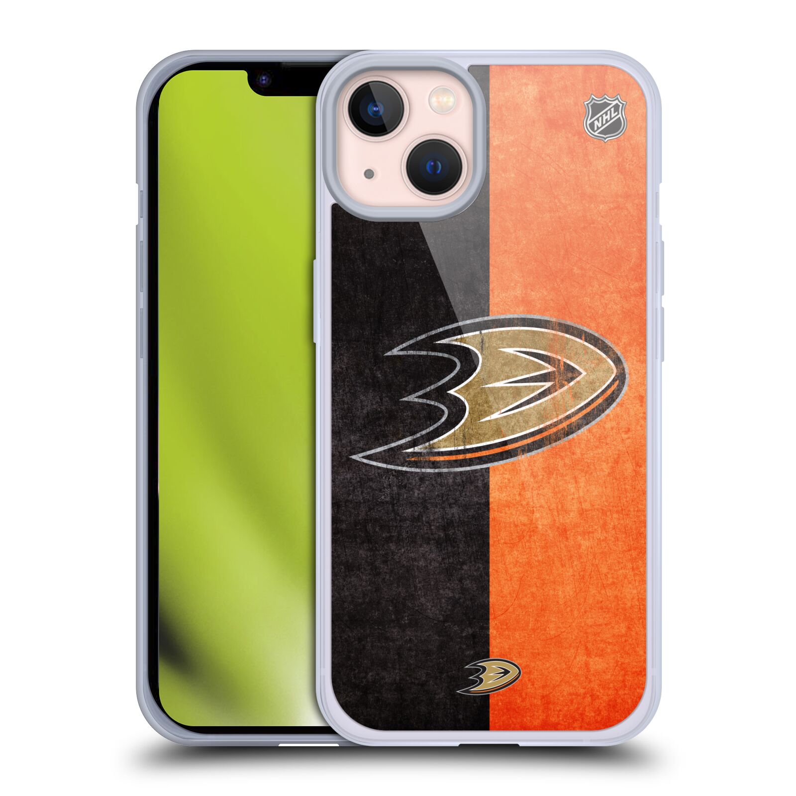 Silikonové pouzdro na mobil Apple iPhone 13 - NHL - Půlené logo Anaheim Ducks (Silikonový kryt, obal, pouzdro na mobilní telefon Apple iPhone 13 s licencovaným motivem NHL - Půlené logo Anaheim Ducks)