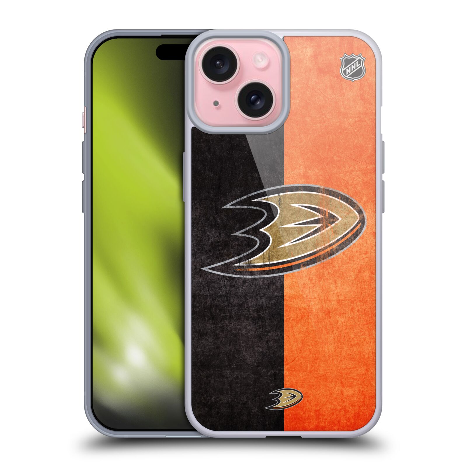Silikonové lesklé pouzdro na mobil Apple iPhone 15 - NHL - Půlené logo Anaheim Ducks (Silikonový lesklý kryt, obal, pouzdro na mobilní telefon Apple iPhone 15 s licencovaným motivem NHL - Půlené logo Anaheim Ducks)
