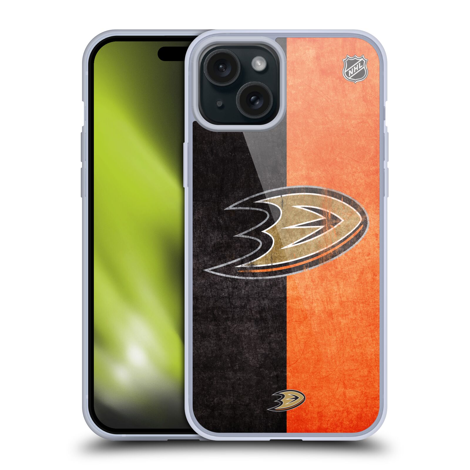 Silikonové lesklé pouzdro na mobil Apple iPhone 15 Plus - NHL - Půlené logo Anaheim Ducks (Silikonový lesklý kryt, obal, pouzdro na mobilní telefon Apple iPhone 15 Plus s licencovaným motivem NHL - Půlené logo Anaheim Ducks)