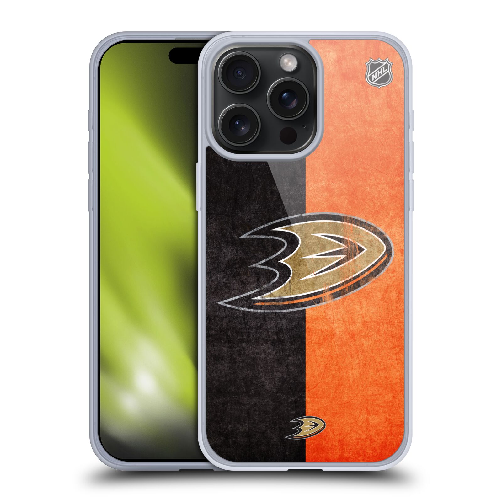 Silikonové lesklé pouzdro na mobil Apple iPhone 15 Pro Max - NHL - Půlené logo Anaheim Ducks (Silikonový lesklý kryt, obal, pouzdro na mobilní telefon Apple iPhone 15 Pro Max s licencovaným motivem NHL - Půlené logo Anaheim Ducks)