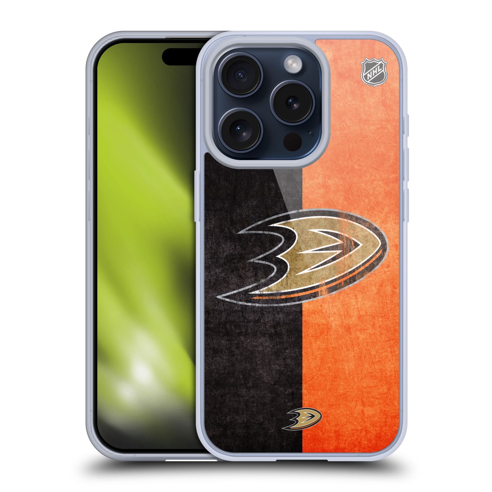 Silikonové lesklé pouzdro na mobil Apple iPhone 15 Pro - NHL - Půlené logo Anaheim Ducks (Silikonový lesklý kryt, obal, pouzdro na mobilní telefon Apple iPhone 15 Pro s licencovaným motivem NHL - Půlené logo Anaheim Ducks)