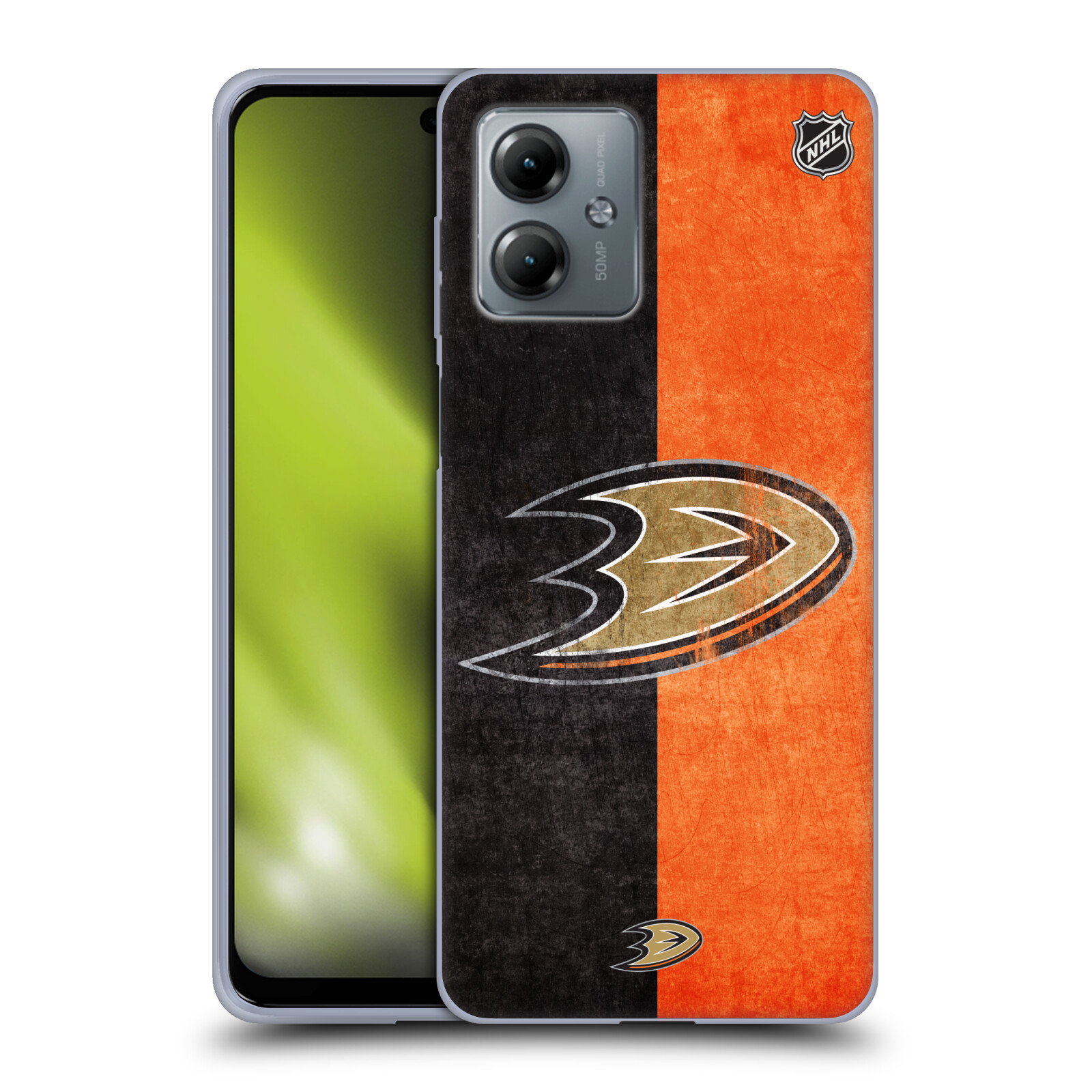 Silikonové pouzdro na mobil Motorola Moto G14 - NHL - Půlené logo Anaheim Ducks (Silikonový kryt, obal, pouzdro na mobilní telefon Motorola Moto G14 s licencovaným motivem NHL - Půlené logo Anaheim Ducks)