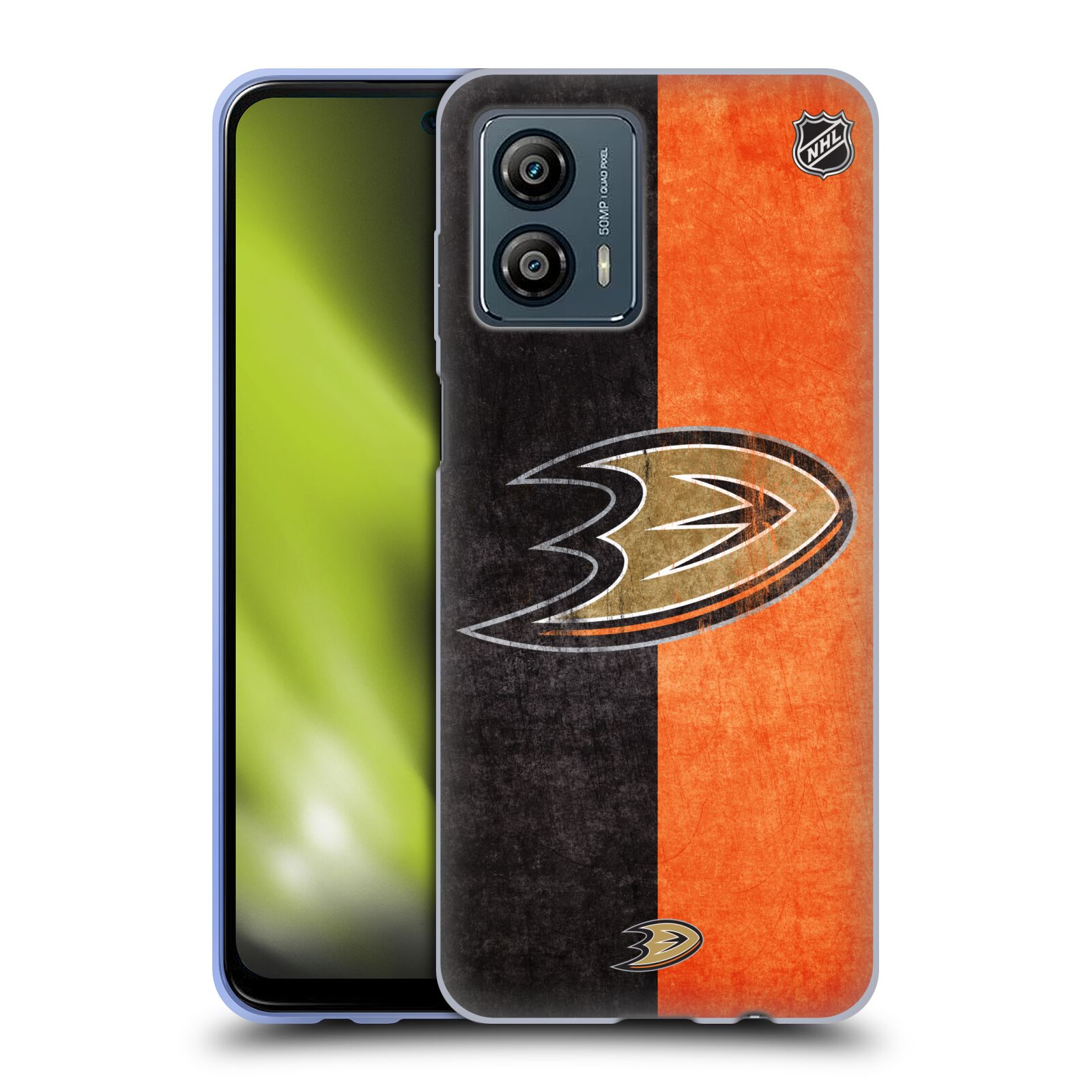 Silikonové pouzdro na mobil Motorola Moto G53 5G - NHL - Půlené logo Anaheim Ducks (Silikonový kryt, obal, pouzdro na mobilní telefon Motorola Moto G53 5G s licencovaným motivem NHL - Půlené logo Anaheim Ducks)