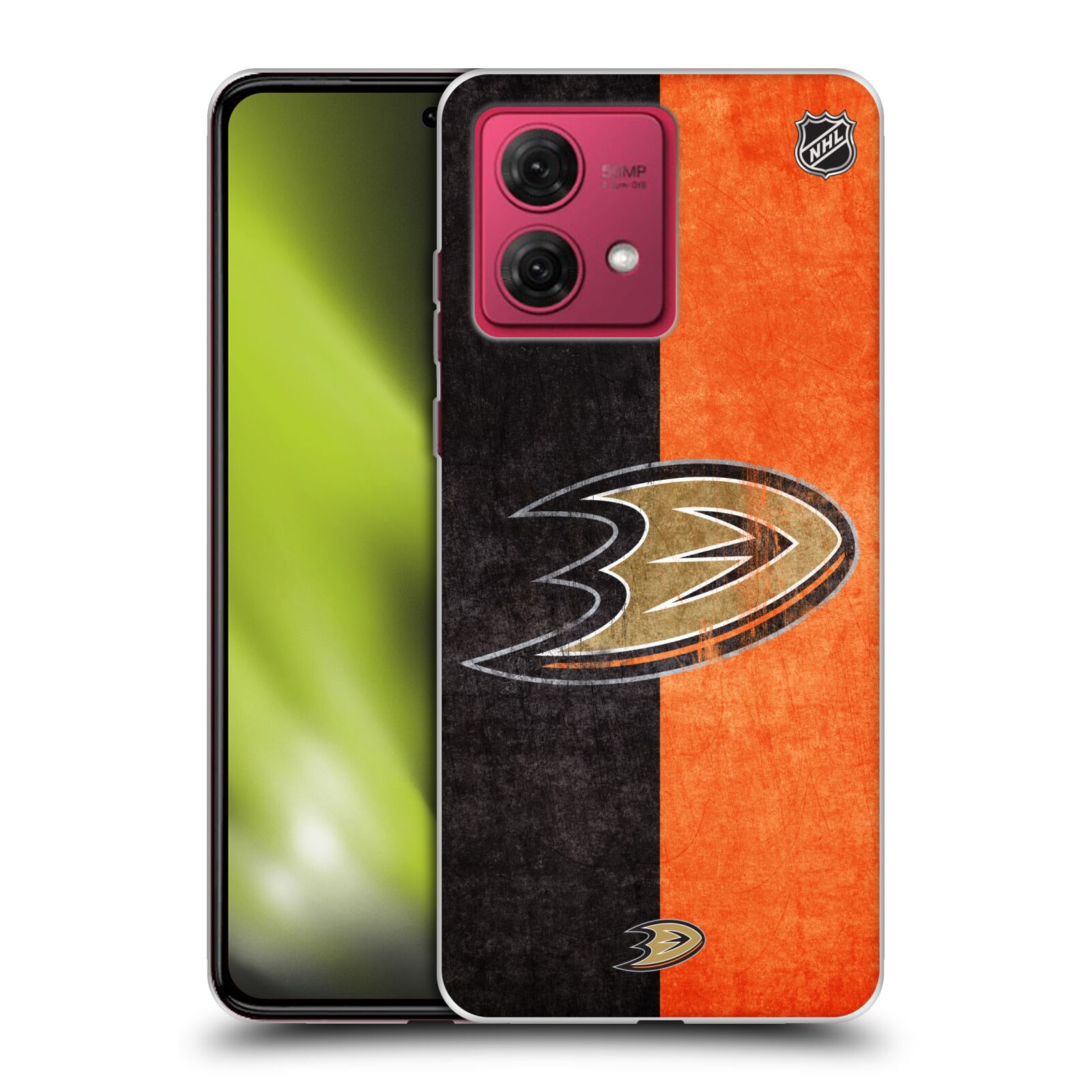 Silikonové pouzdro na mobil Motorola Moto G84 5G - NHL - Půlené logo Anaheim Ducks (Silikonový kryt, obal, pouzdro na mobilní telefon Motorola Moto G84 5G s licencovaným motivem NHL - Půlené logo Anaheim Ducks)