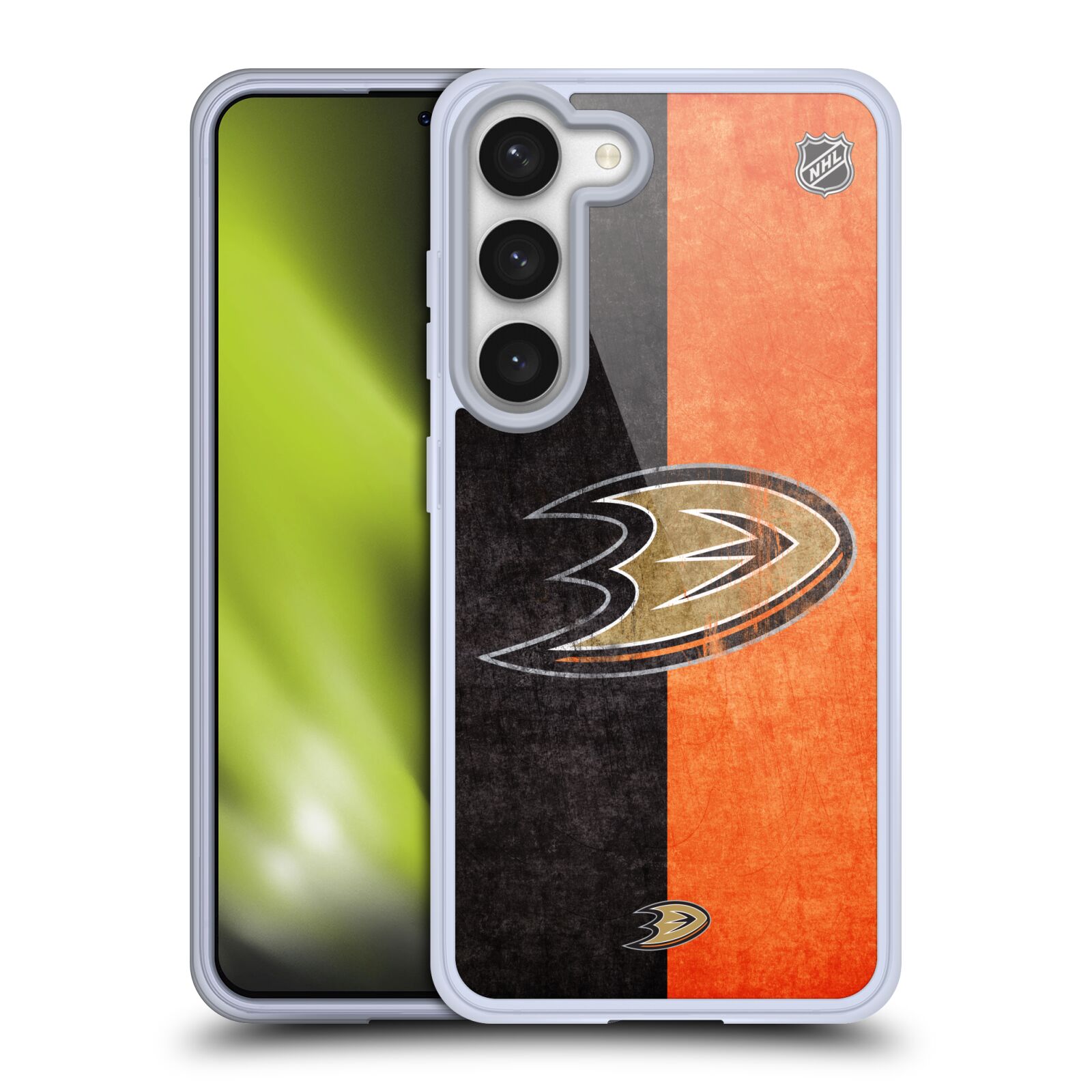 Silikonové pouzdro na mobil Samsung Galaxy S23 - NHL - Půlené logo Anaheim Ducks (Silikonový kryt, obal, pouzdro na mobilní telefon Samsung Galaxy S23 s licencovaným motivem NHL - Půlené logo Anaheim Ducks)