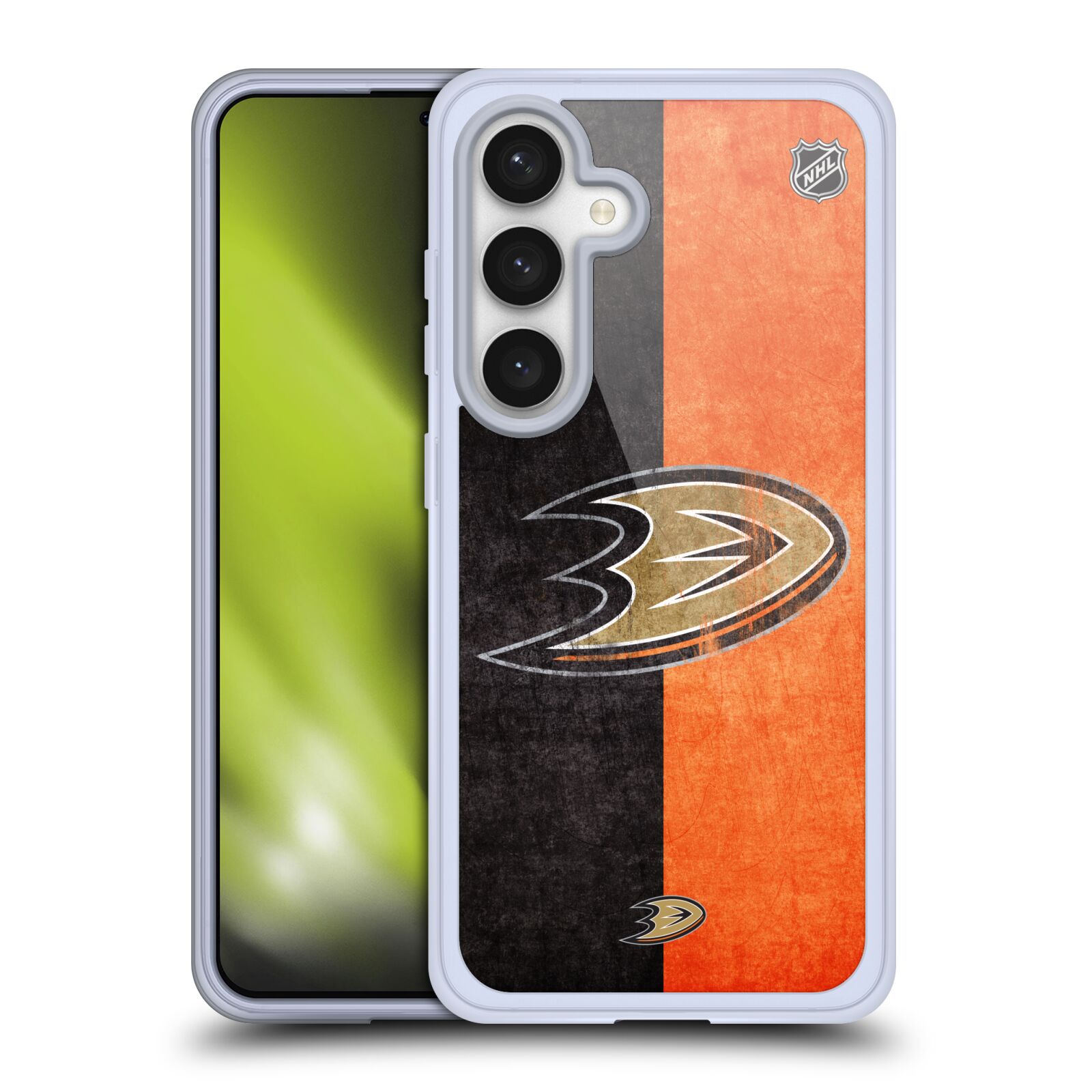 Silikonové lesklé pouzdro na mobil Samsung Galaxy S24 - NHL - Půlené logo Anaheim Ducks (Silikonový kryt, obal, pouzdro na mobilní telefon Samsung Galaxy S24 s licencovaným motivem NHL - Půlené logo Anaheim Ducks)
