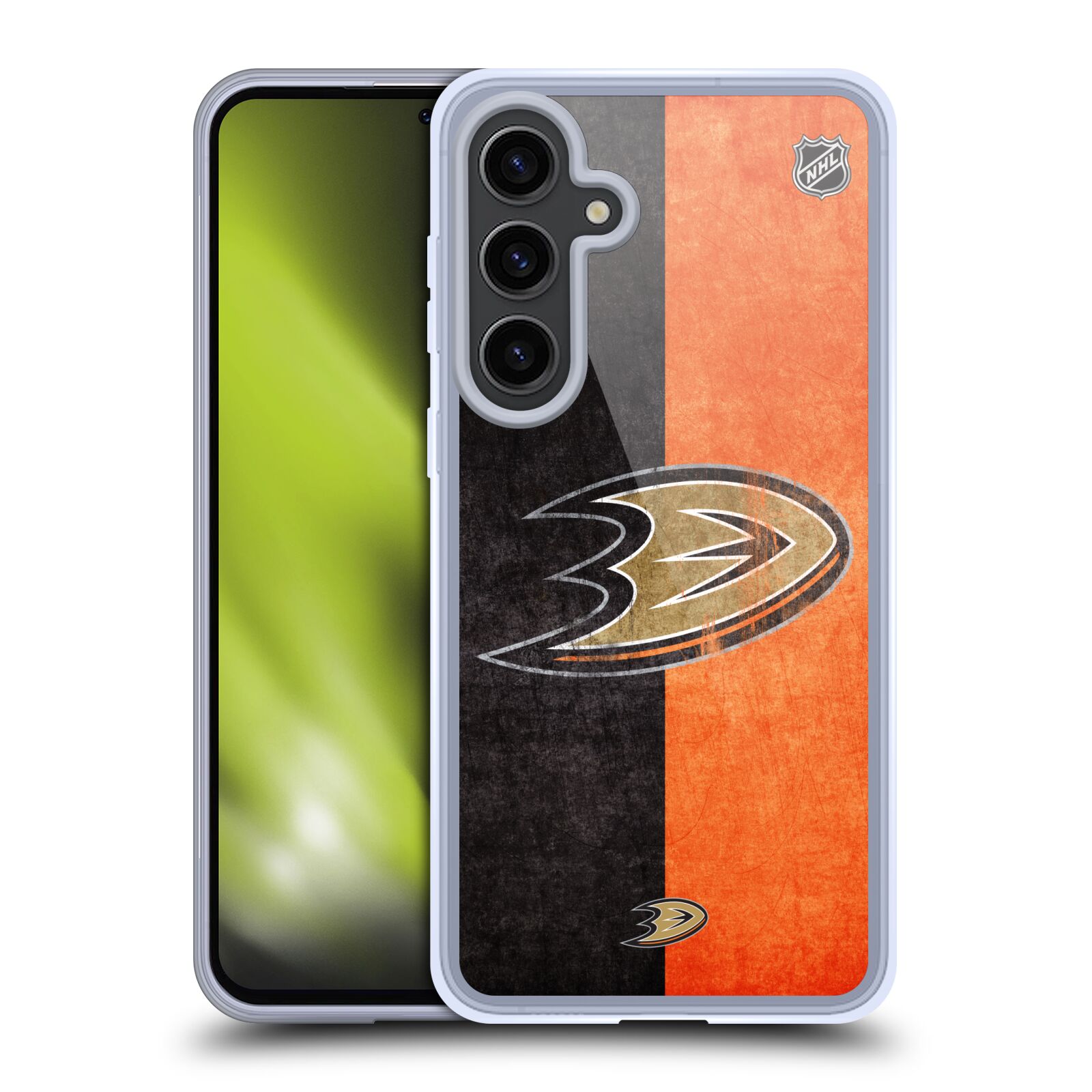 Silikonové lesklé pouzdro na mobil Samsung Galaxy S24 Plus - NHL - Půlené logo Anaheim Ducks (Silikonový kryt, obal, pouzdro na mobilní telefon Samsung Galaxy S24 Plus s licencovaným motivem NHL - Půlené logo Anaheim Ducks)