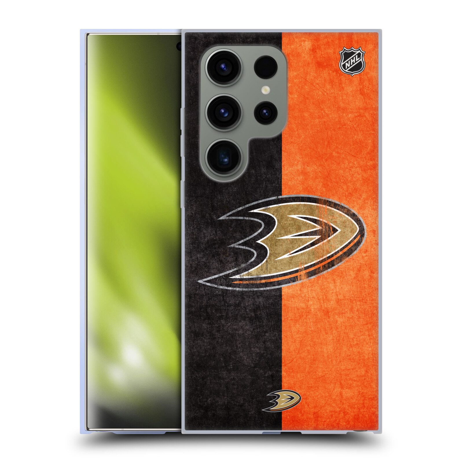Silikonové lesklé pouzdro na mobil Samsung Galaxy S24 Ultra - NHL - Půlené logo Anaheim Ducks (Silikonový kryt, obal, pouzdro na mobilní telefon Samsung Galaxy S24 Ultra s licencovaným motivem NHL - Půlené logo Anaheim Ducks)
