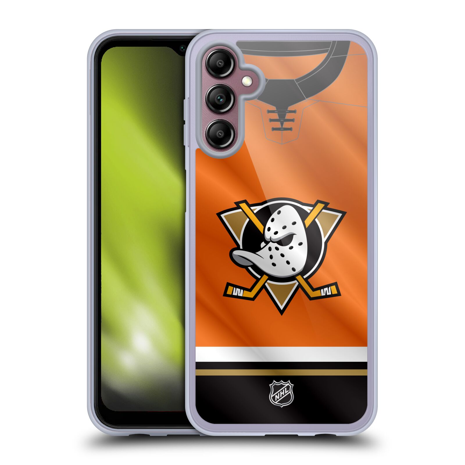 Silikonové pouzdro na mobil Samsung Galaxy A14 5G / LTE - NHL - Dres Anaheim Ducks (Silikonový kryt, obal, pouzdro na mobilní telefon Samsung Galaxy A14 5G / LTE s licencovaným motivem NHL - Dres Anaheim Ducks)