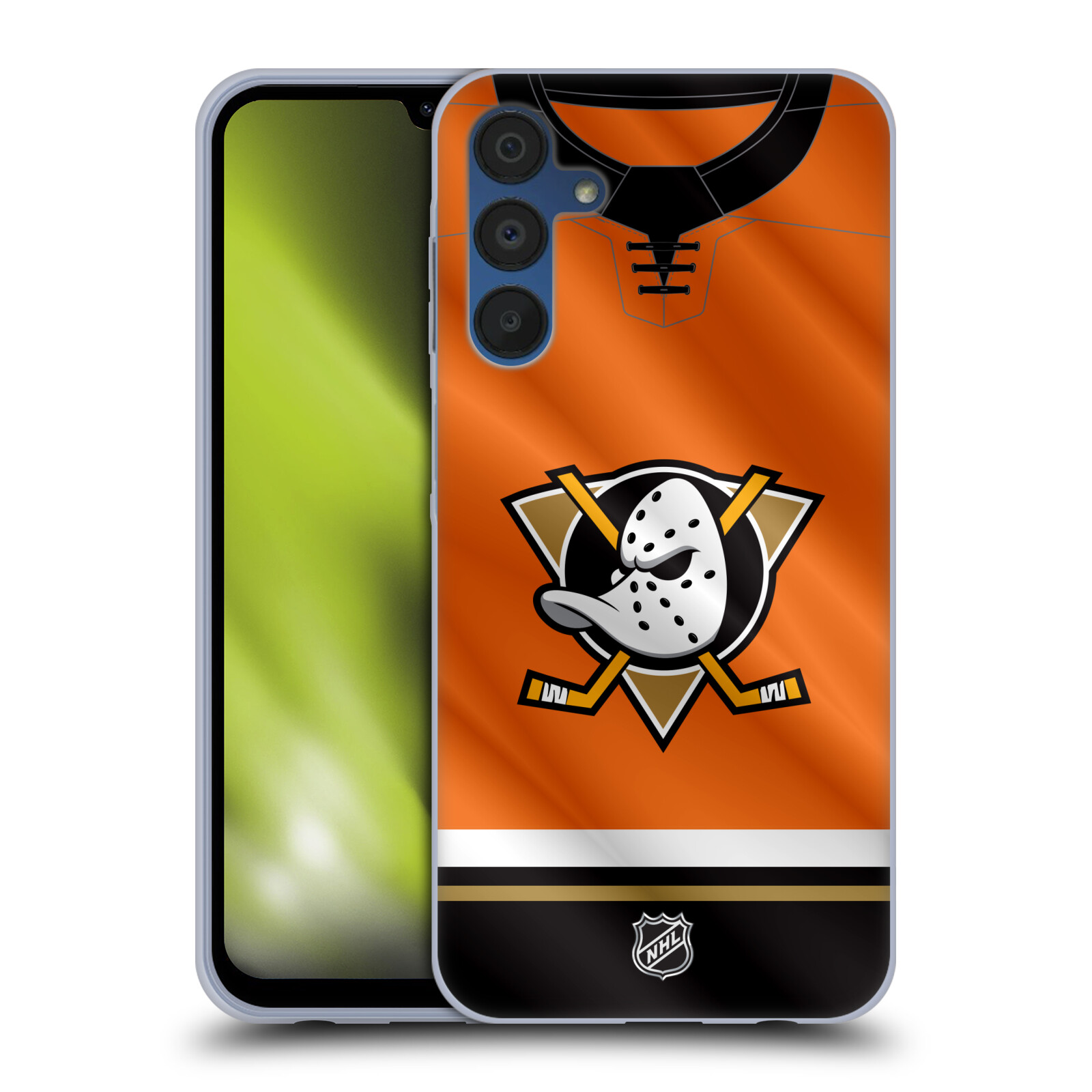Silikonové pouzdro na mobil Samsung Galaxy A15 / A15 5G - NHL - Dres Anaheim Ducks (Silikonový kryt, obal, pouzdro na mobilní telefon Samsung Galaxy A15 / A15 5G s licencovaným motivem NHL - Dres Anaheim Ducks)