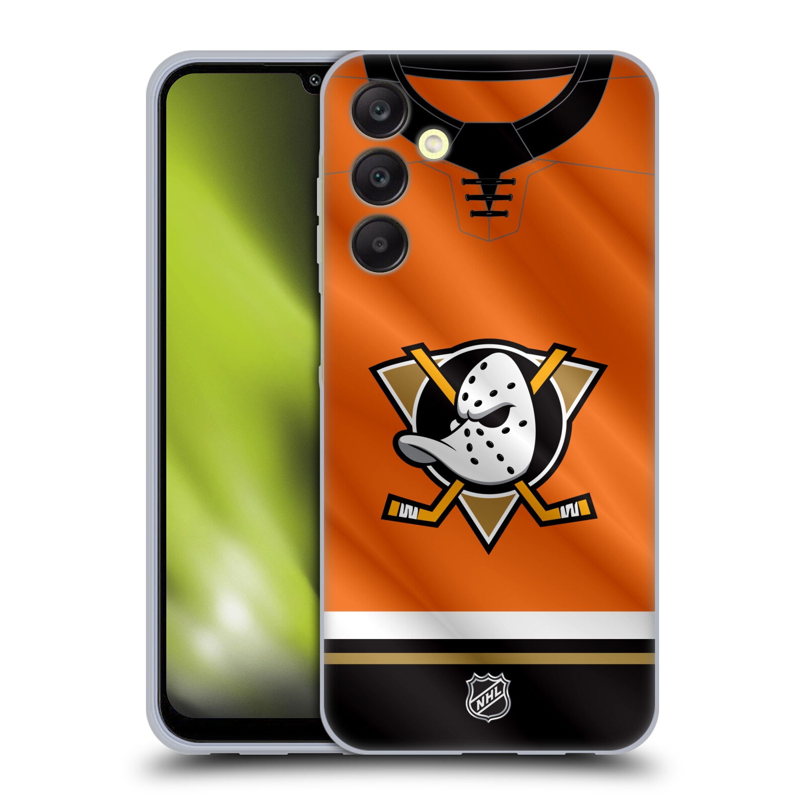 Silikonové pouzdro na mobil Samsung Galaxy A25 5G - NHL - Dres Anaheim Ducks (Silikonový kryt, obal, pouzdro na mobilní telefon Samsung Galaxy A25 5G s licencovaným motivem NHL - Dres Anaheim Ducks)