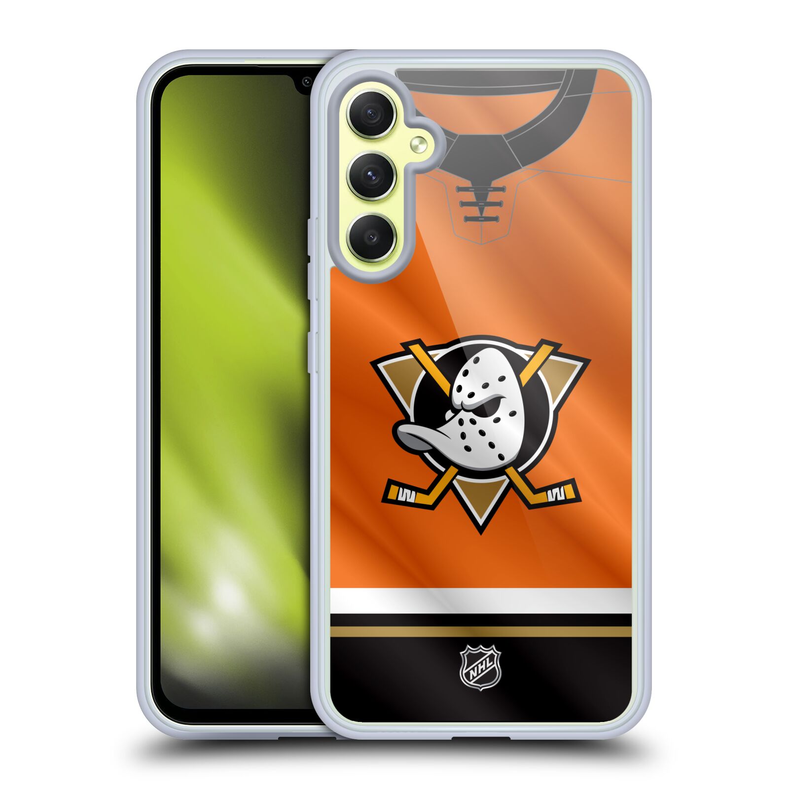 Silikonové pouzdro na mobil Samsung Galaxy A34 5G - NHL - Dres Anaheim Ducks (Silikonový kryt, obal, pouzdro na mobilní telefon Samsung Galaxy A34 5G s licencovaným motivem NHL - Dres Anaheim Ducks)