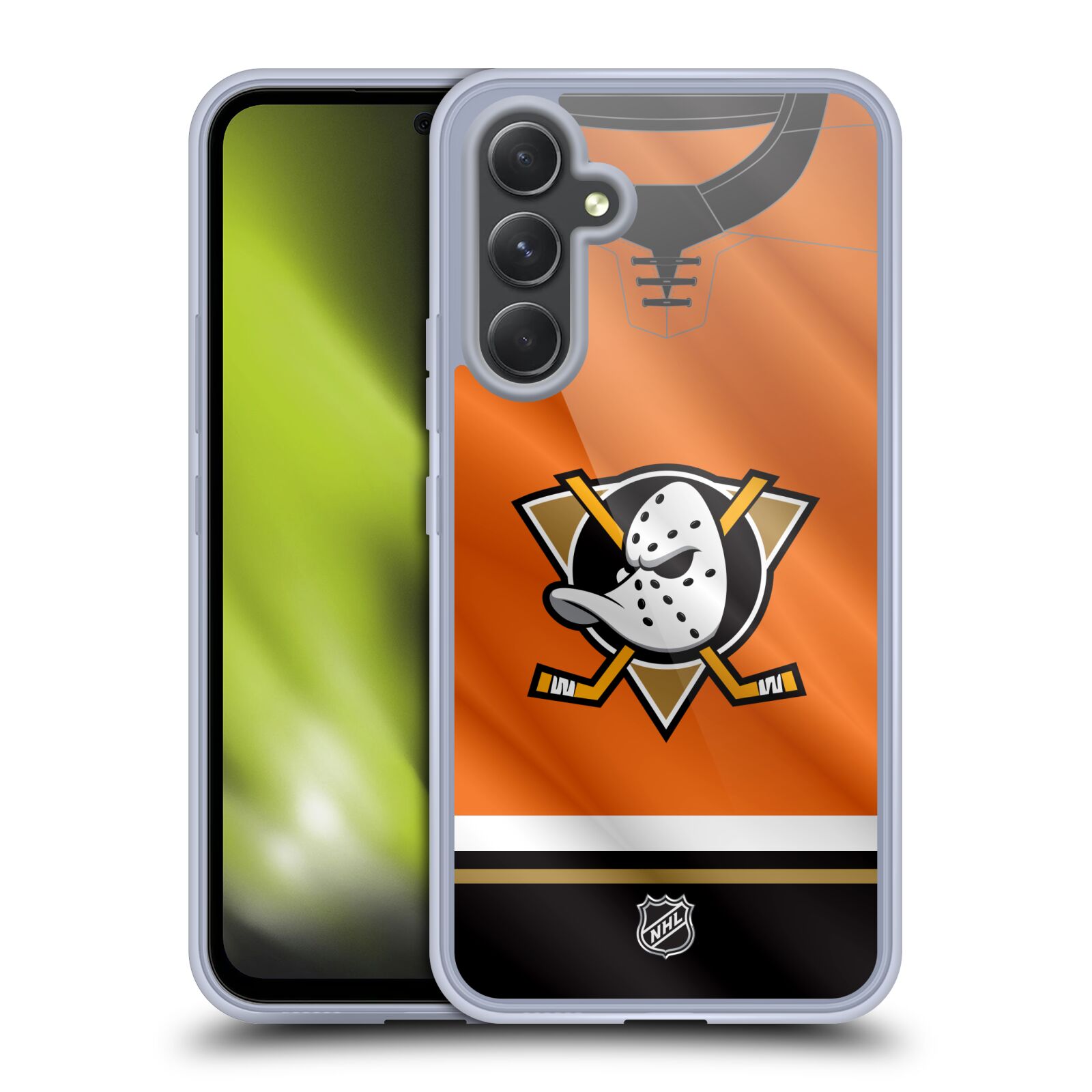 Silikonové pouzdro na mobil Samsung Galaxy A54 5G - NHL - Dres Anaheim Ducks (Silikonový kryt, obal, pouzdro na mobilní telefon Samsung Galaxy A54 5G s licencovaným motivem NHL - Dres Anaheim Ducks)