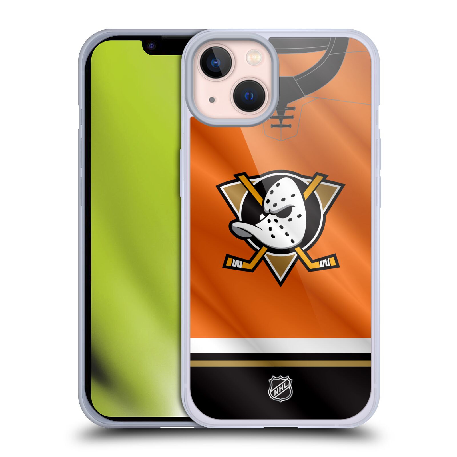 Silikonové pouzdro na mobil Apple iPhone 13 - NHL - Dres Anaheim Ducks (Silikonový kryt, obal, pouzdro na mobilní telefon Apple iPhone 13 s licencovaným motivem NHL - Dres Anaheim Ducks)