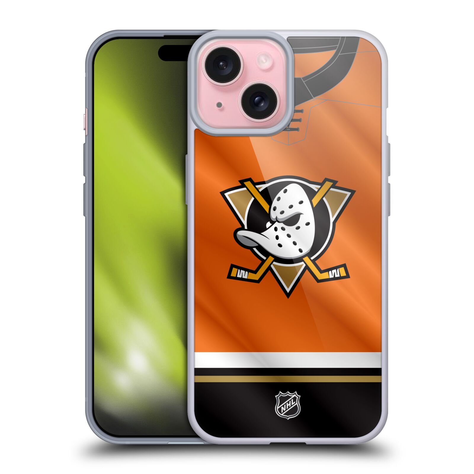 Silikonové lesklé pouzdro na mobil Apple iPhone 15 - NHL - Dres Anaheim Ducks (Silikonový lesklý kryt, obal, pouzdro na mobilní telefon Apple iPhone 15 s licencovaným motivem NHL - Dres Anaheim Ducks)