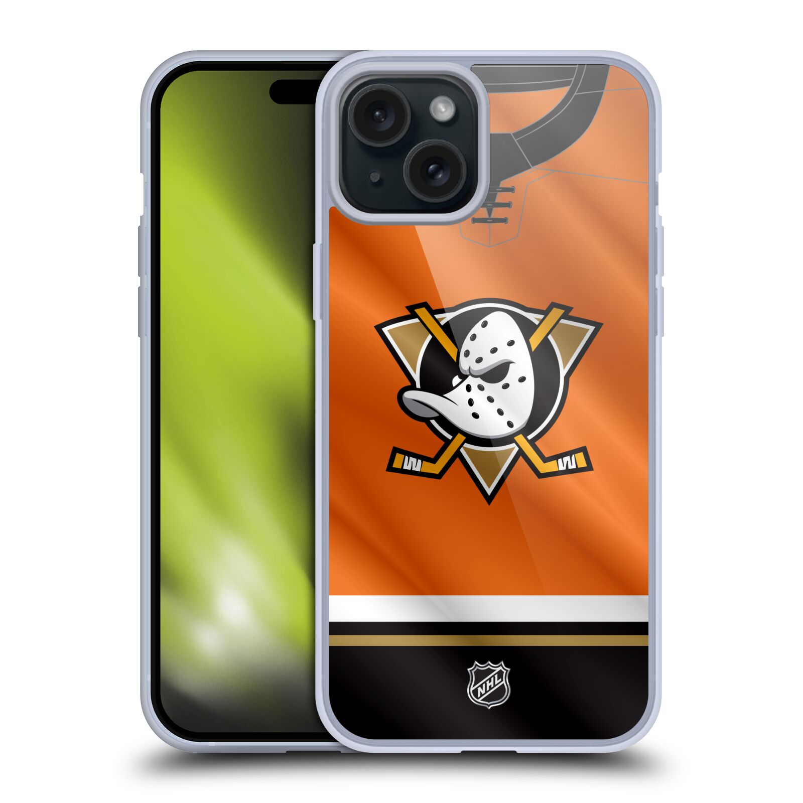 Silikonové lesklé pouzdro na mobil Apple iPhone 15 Plus - NHL - Dres Anaheim Ducks (Silikonový lesklý kryt, obal, pouzdro na mobilní telefon Apple iPhone 15 Plus s licencovaným motivem NHL - Dres Anaheim Ducks)