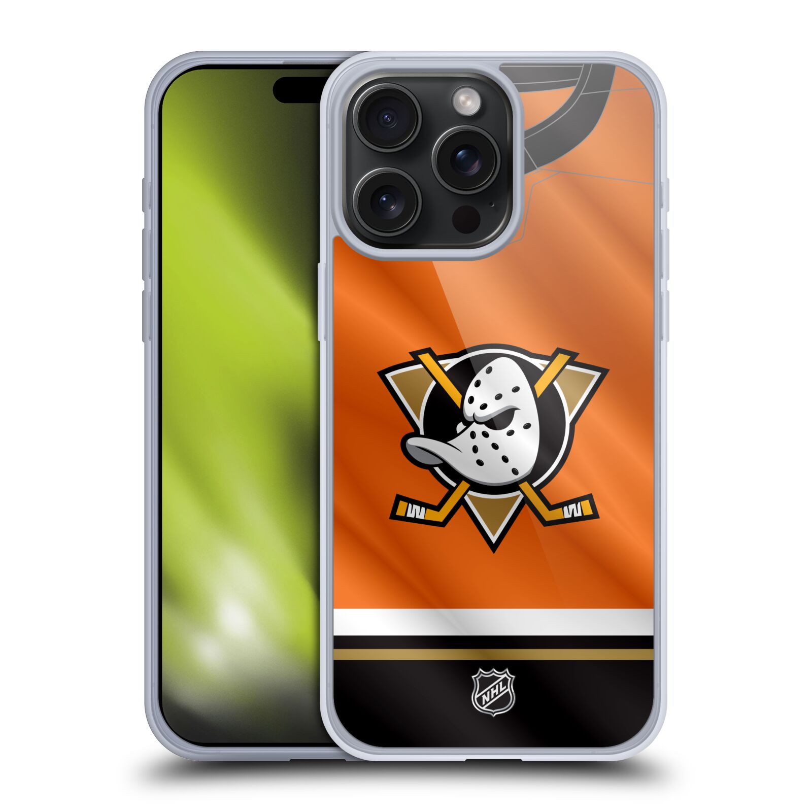 Silikonové lesklé pouzdro na mobil Apple iPhone 15 Pro Max - NHL - Dres Anaheim Ducks (Silikonový lesklý kryt, obal, pouzdro na mobilní telefon Apple iPhone 15 Pro Max s licencovaným motivem NHL - Dres Anaheim Ducks)