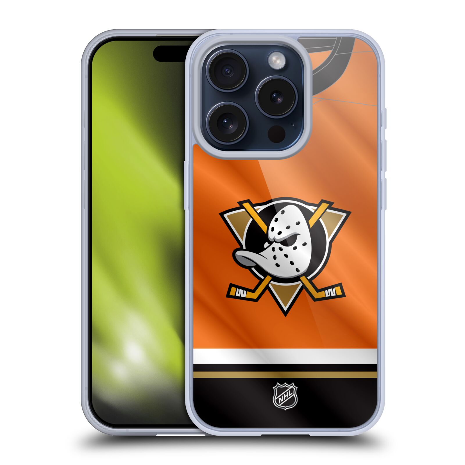 Silikonové lesklé pouzdro na mobil Apple iPhone 15 Pro - NHL - Dres Anaheim Ducks (Silikonový lesklý kryt, obal, pouzdro na mobilní telefon Apple iPhone 15 Pro s licencovaným motivem NHL - Dres Anaheim Ducks)