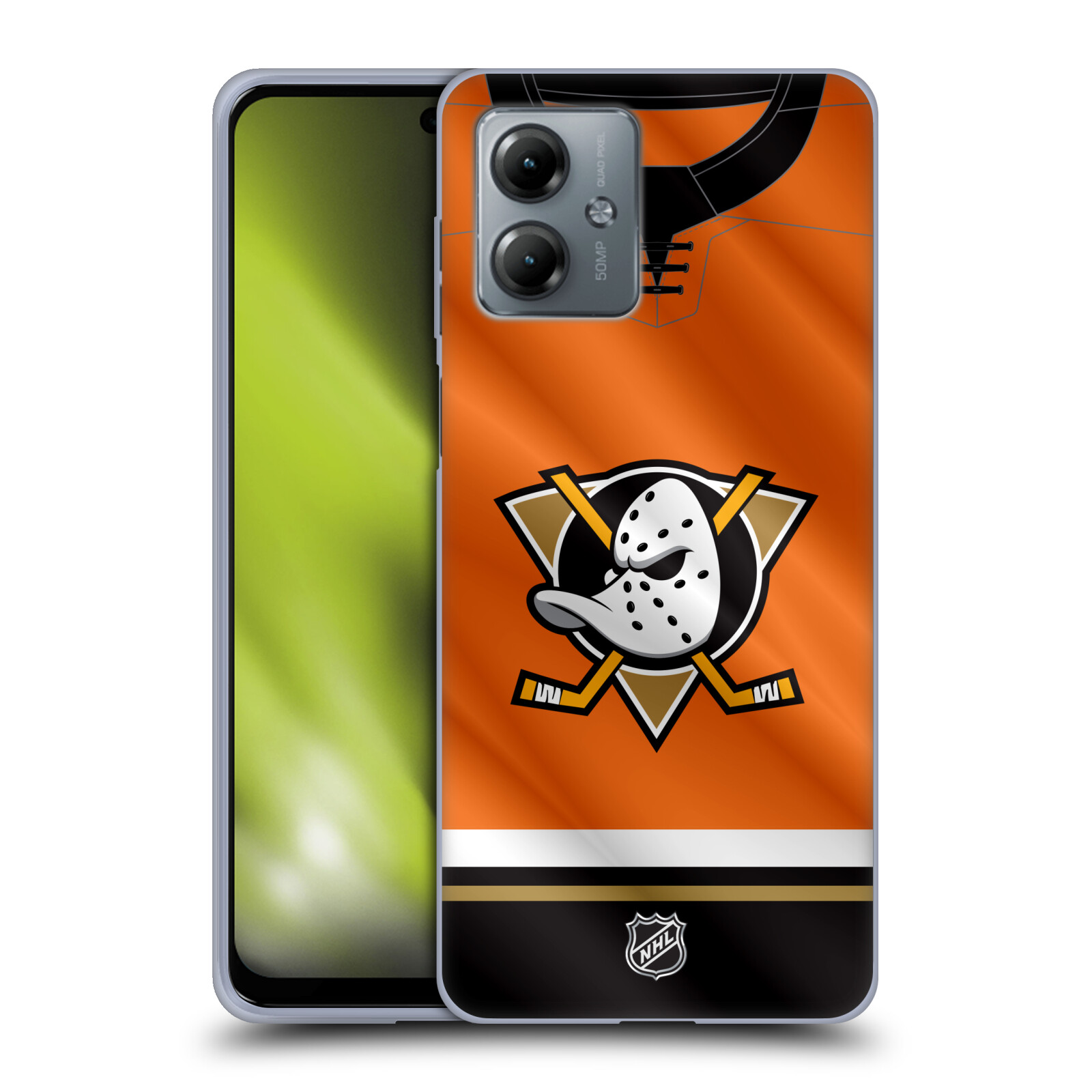 Silikonové pouzdro na mobil Motorola Moto G14 - NHL - Dres Anaheim Ducks (Silikonový kryt, obal, pouzdro na mobilní telefon Motorola Moto G14 s licencovaným motivem NHL - Dres Anaheim Ducks)