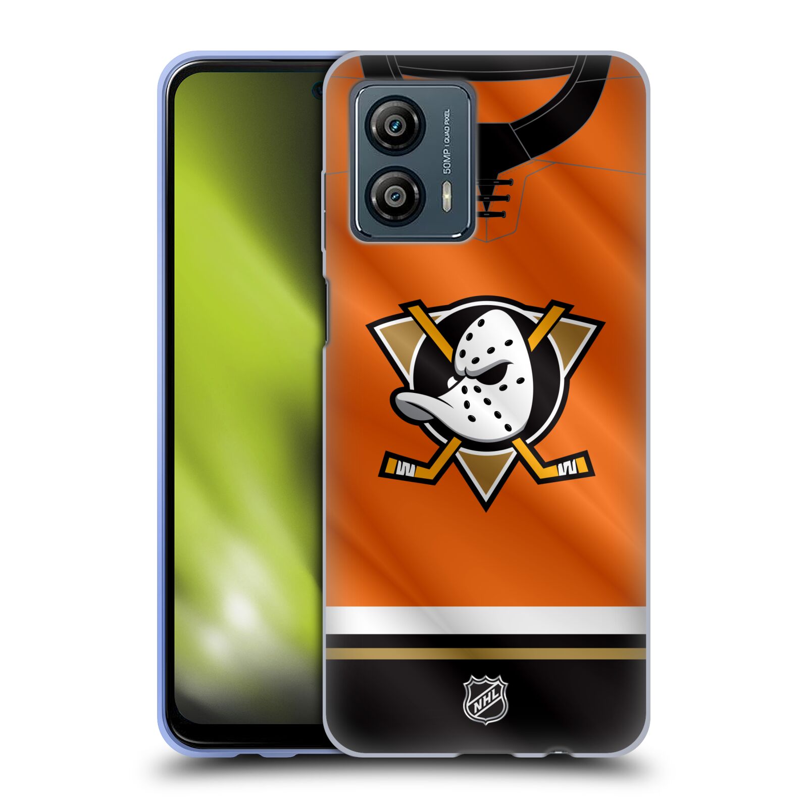 Silikonové pouzdro na mobil Motorola Moto G53 5G - NHL - Dres Anaheim Ducks (Silikonový kryt, obal, pouzdro na mobilní telefon Motorola Moto G53 5G s licencovaným motivem NHL - Dres Anaheim Ducks)